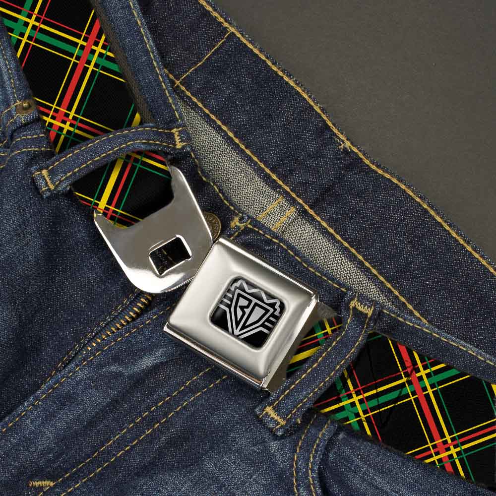 BD Wings Logo CLOSE-UP Full Color Black Silver Seatbelt Belt - Plaid X Rasta Webbing Seatbelt Belts Buckle-Down