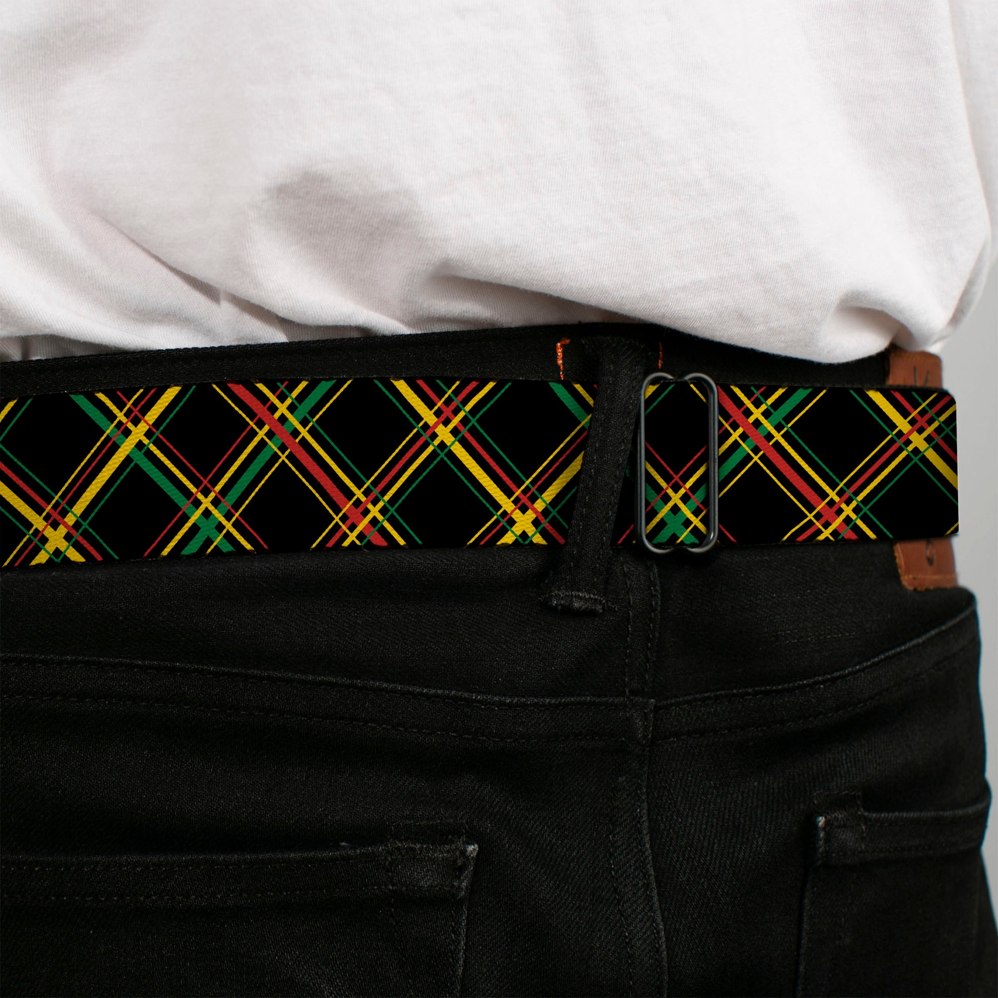BD Wings Logo CLOSE-UP Full Color Black Silver Seatbelt Belt - Plaid X Rasta Webbing Seatbelt Belts Buckle-Down
