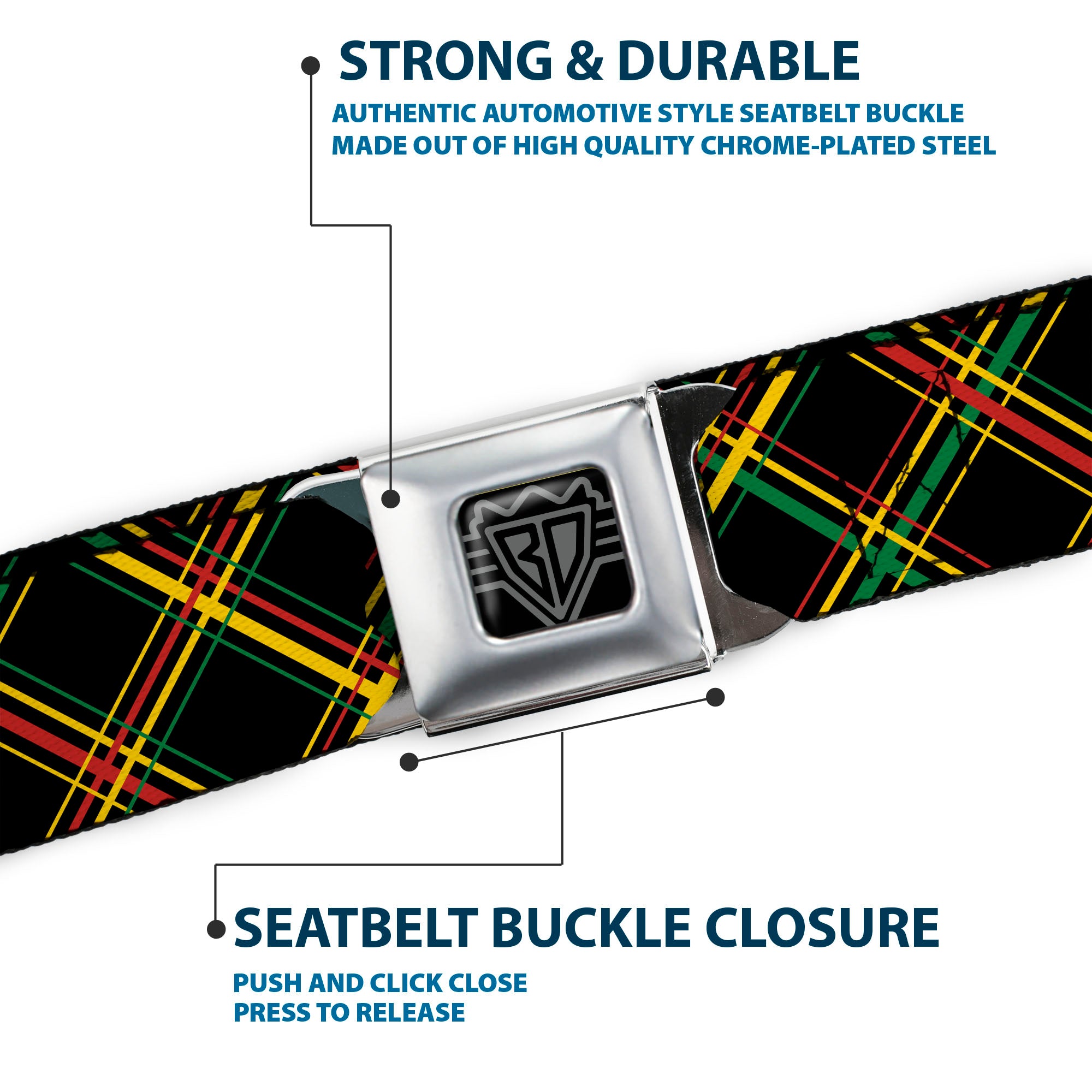 BD Wings Logo CLOSE-UP Full Color Black Silver Seatbelt Belt - Plaid X Rasta Webbing Seatbelt Belts Buckle-Down