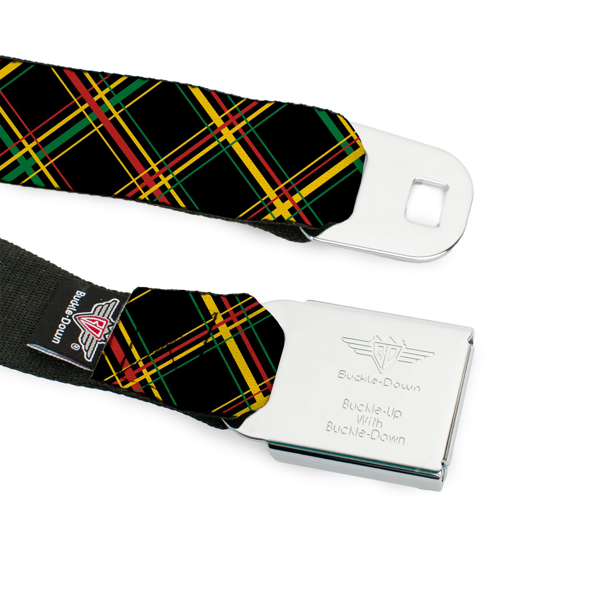 BD Wings Logo CLOSE-UP Full Color Black Silver Seatbelt Belt - Plaid X Rasta Webbing Seatbelt Belts Buckle-Down