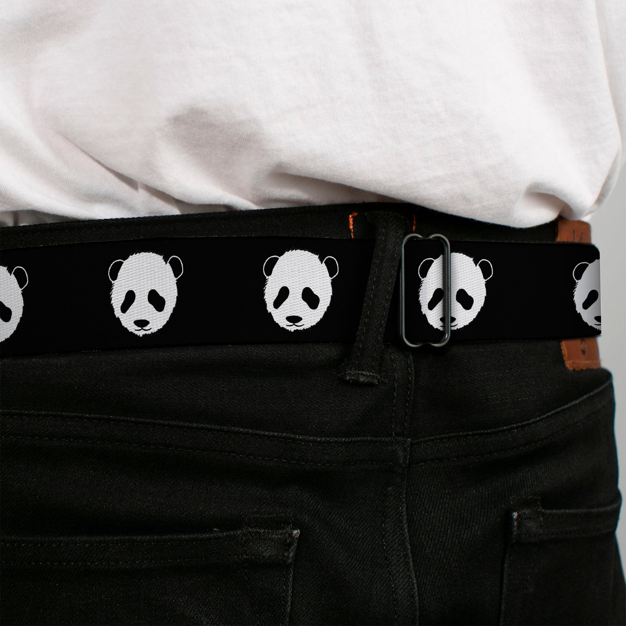 BD Wings Logo CLOSE-UP Full Color Black Silver Seatbelt Belt - Panda Bear Repeat Webbing Seatbelt Belts Buckle-Down