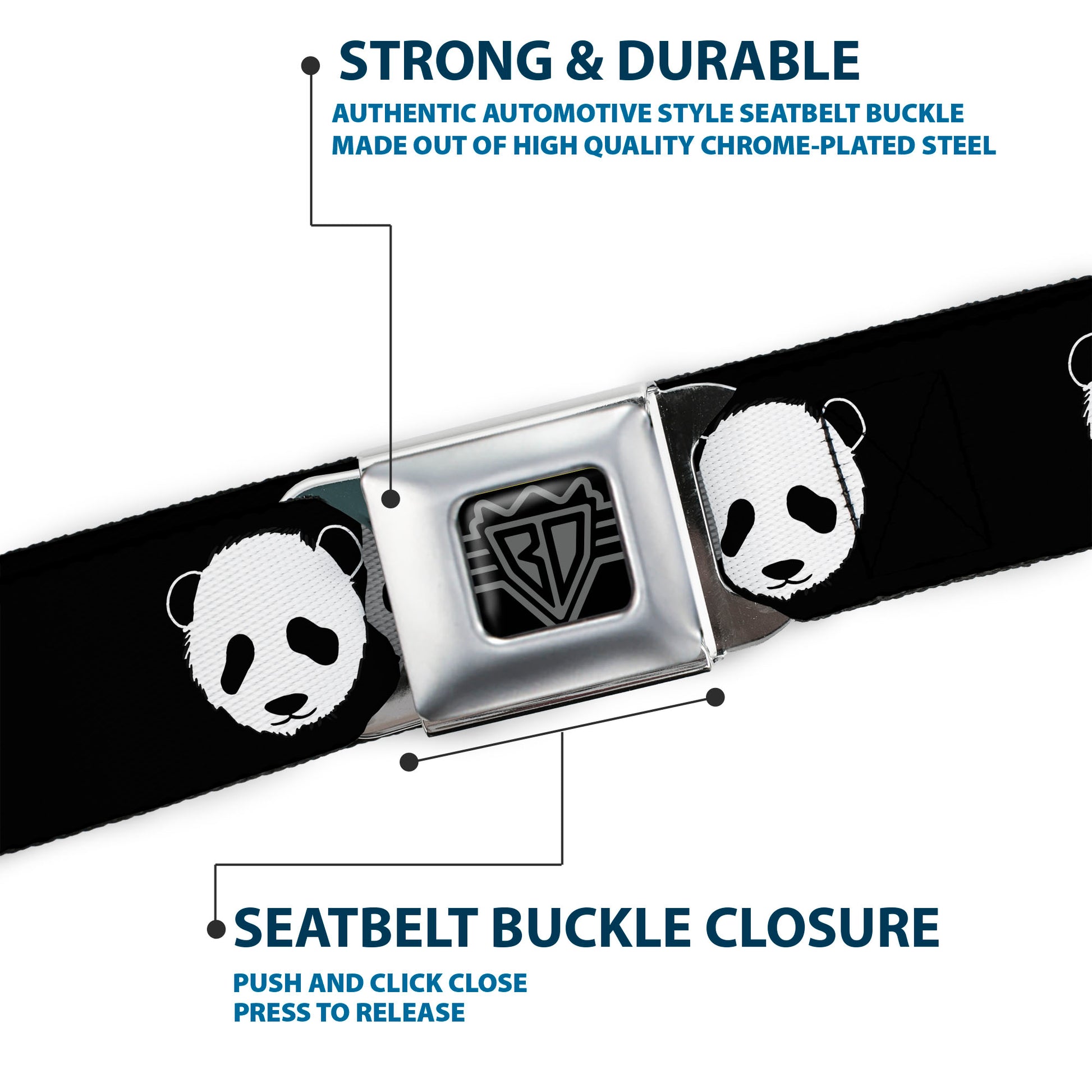 BD Wings Logo CLOSE-UP Full Color Black Silver Seatbelt Belt - Panda Bear Repeat Webbing Seatbelt Belts Buckle-Down