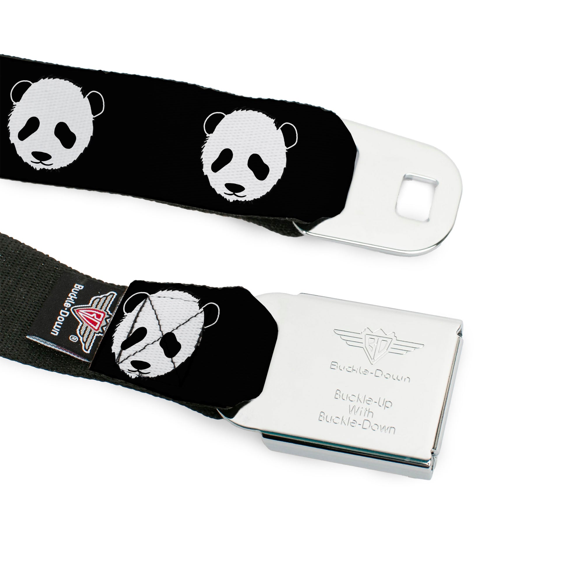 BD Wings Logo CLOSE-UP Full Color Black Silver Seatbelt Belt - Panda Bear Repeat Webbing Seatbelt Belts Buckle-Down