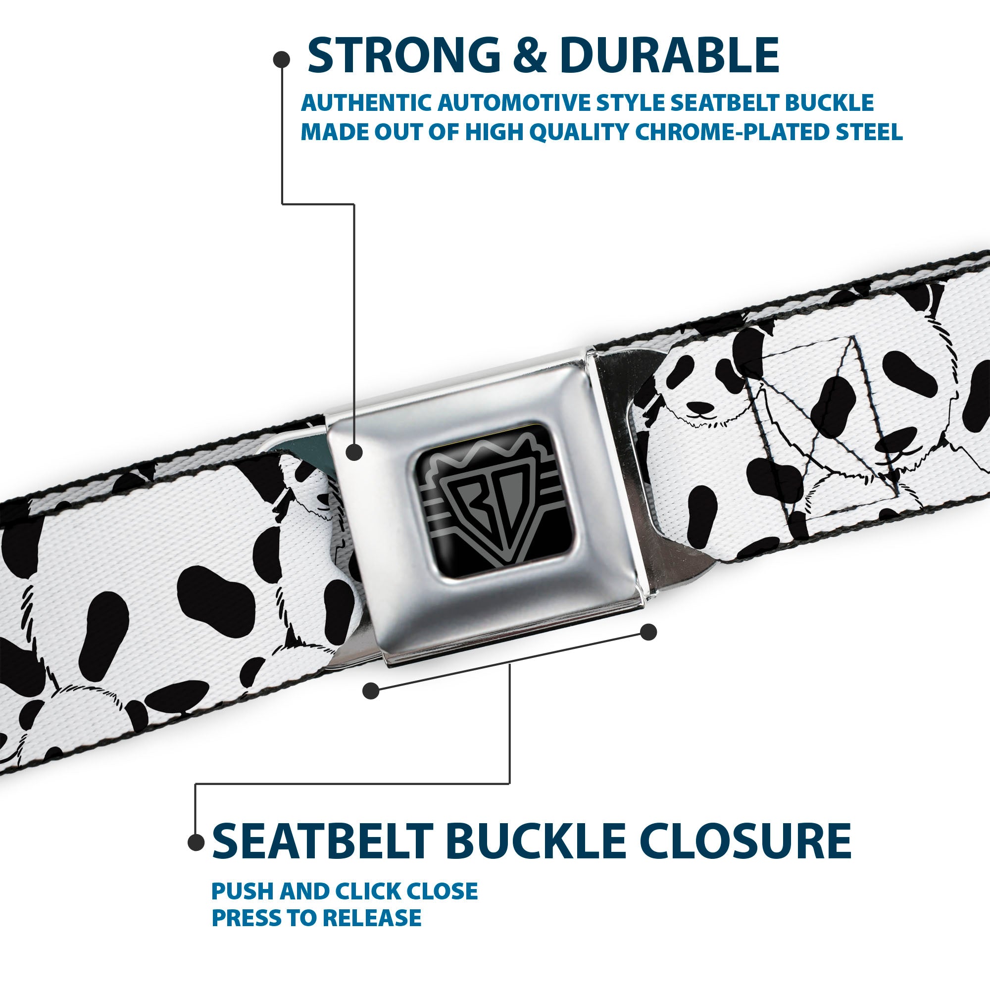 BD Wings Logo CLOSE-UP Full Color Black Silver Seatbelt Belt - Panda Bear Stacked Webbing Seatbelt Belts Buckle-Down