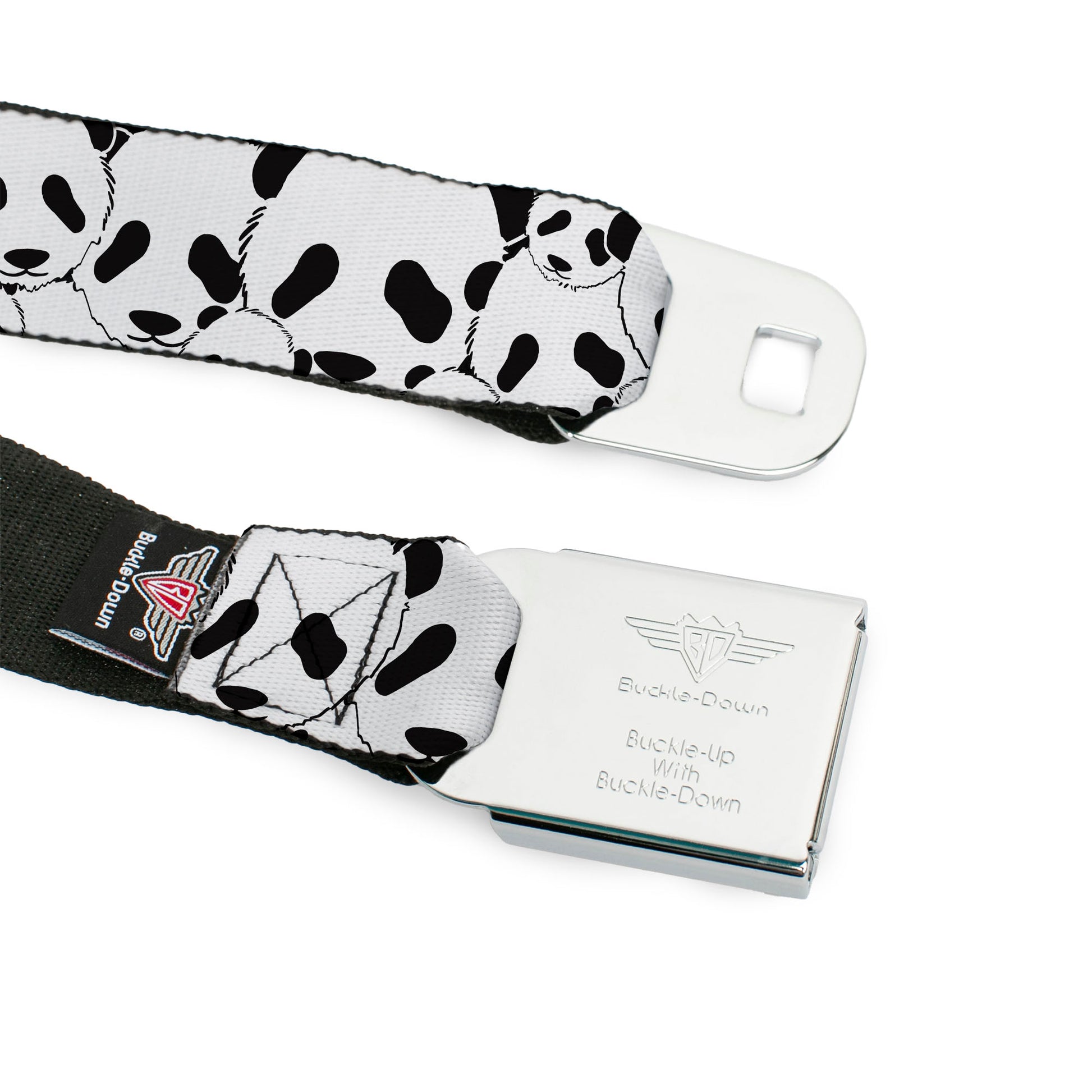BD Wings Logo CLOSE-UP Full Color Black Silver Seatbelt Belt - Panda Bear Stacked Webbing Seatbelt Belts Buckle-Down