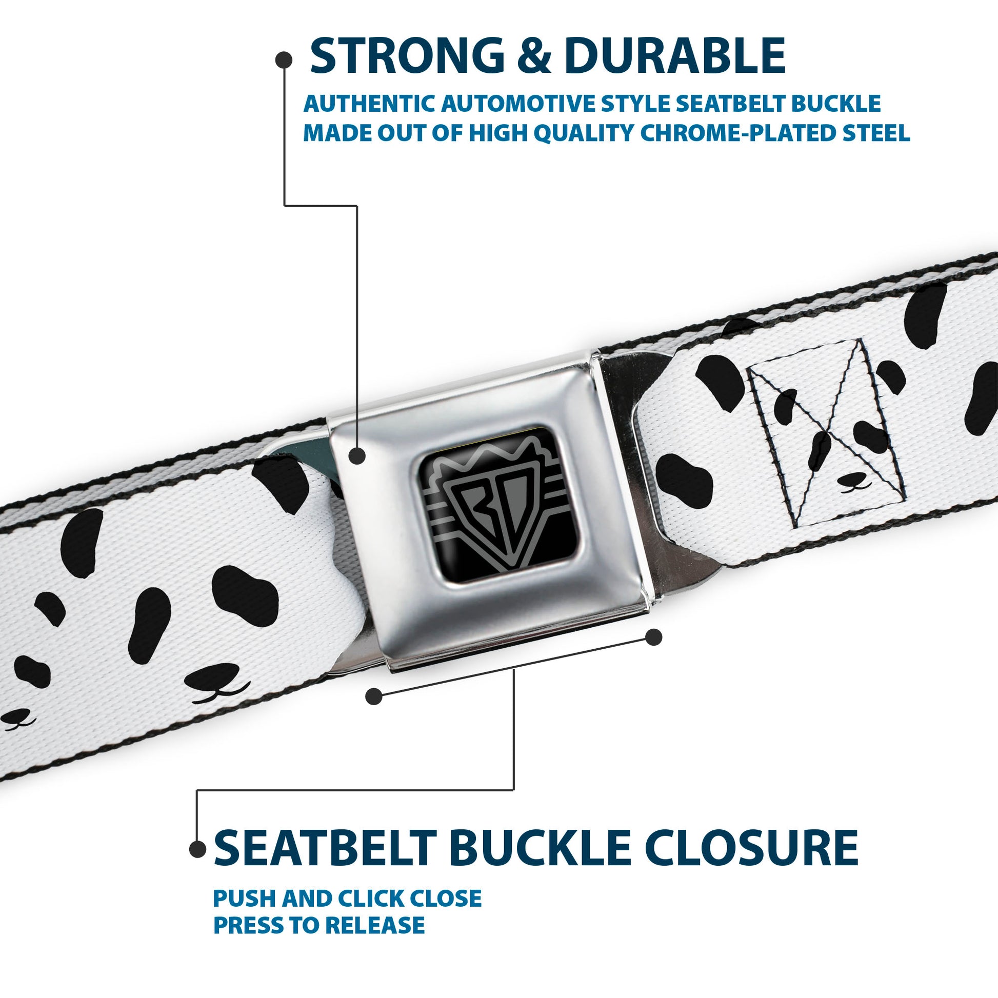 BD Wings Logo CLOSE-UP Full Color Black Silver Seatbelt Belt - Panda Bear Spots Webbing Seatbelt Belts Buckle-Down