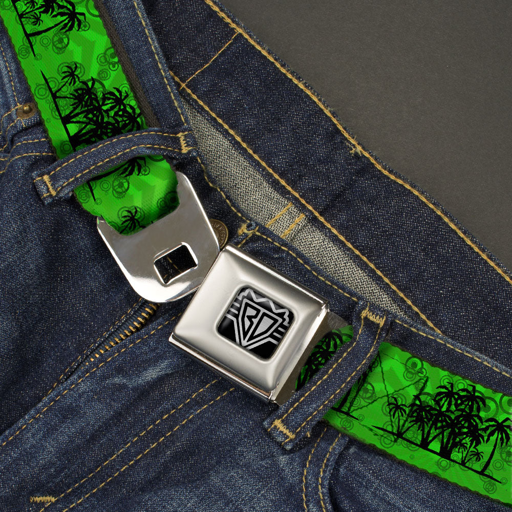 BD Wings Logo CLOSE-UP Full Color Black Silver Seatbelt Belt - Palm Trees/Rings Greens/Blacks Webbing Seatbelt Belts Buckle-Down
