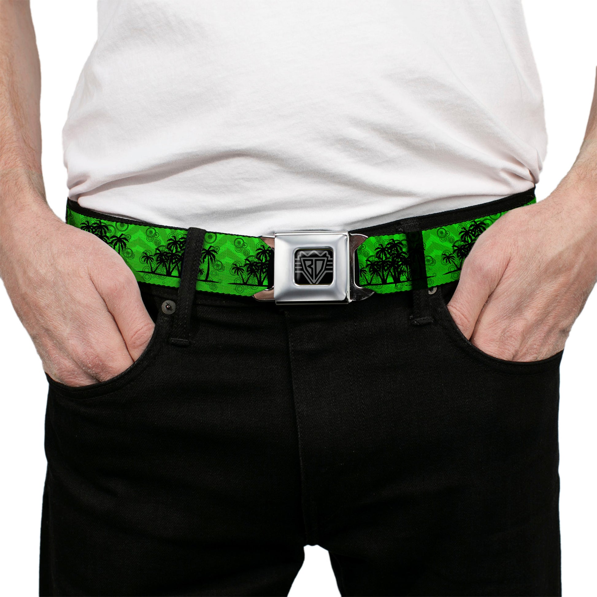 BD Wings Logo CLOSE-UP Full Color Black Silver Seatbelt Belt - Palm Trees/Rings Greens/Blacks Webbing Seatbelt Belts Buckle-Down