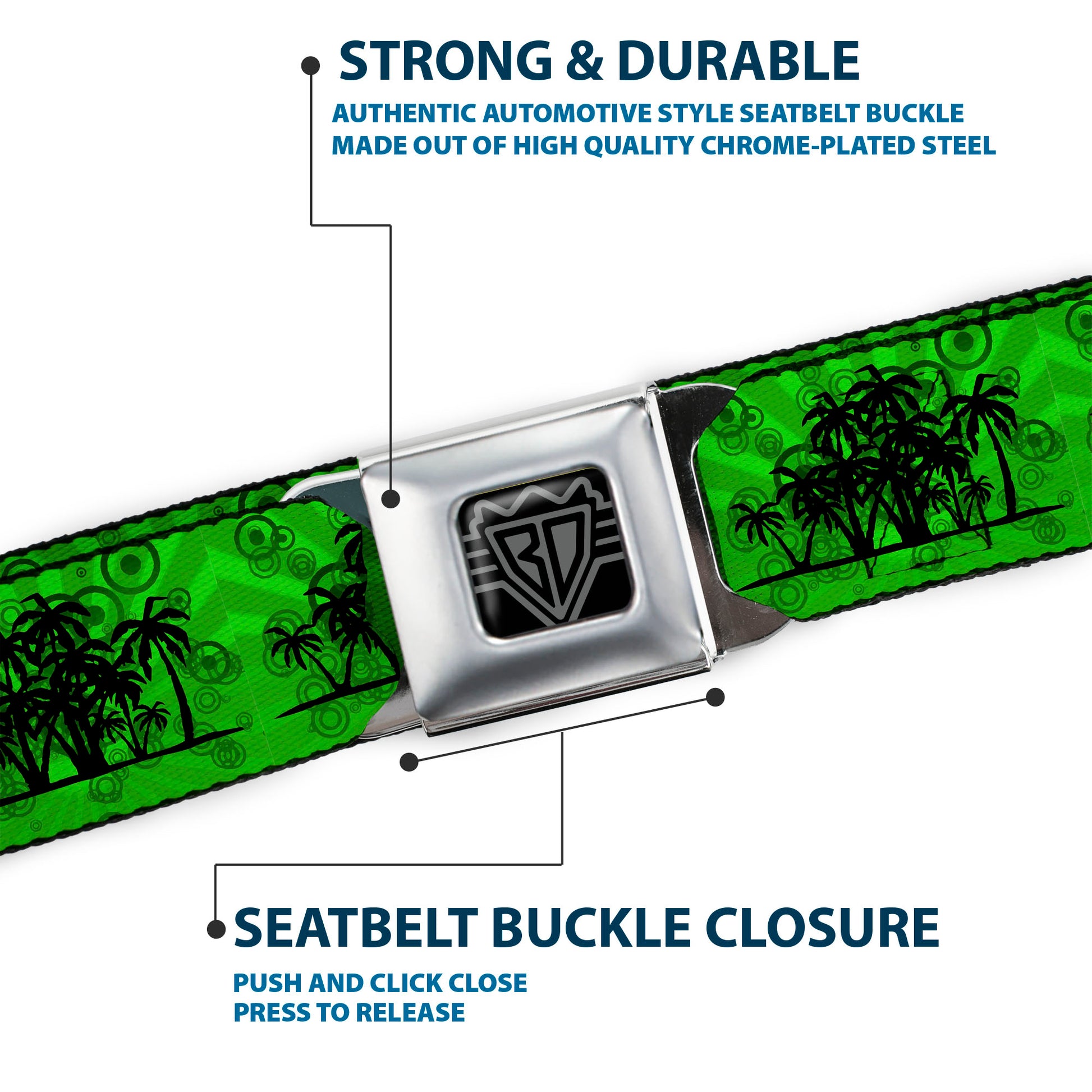 BD Wings Logo CLOSE-UP Full Color Black Silver Seatbelt Belt - Palm Trees/Rings Greens/Blacks Webbing Seatbelt Belts Buckle-Down