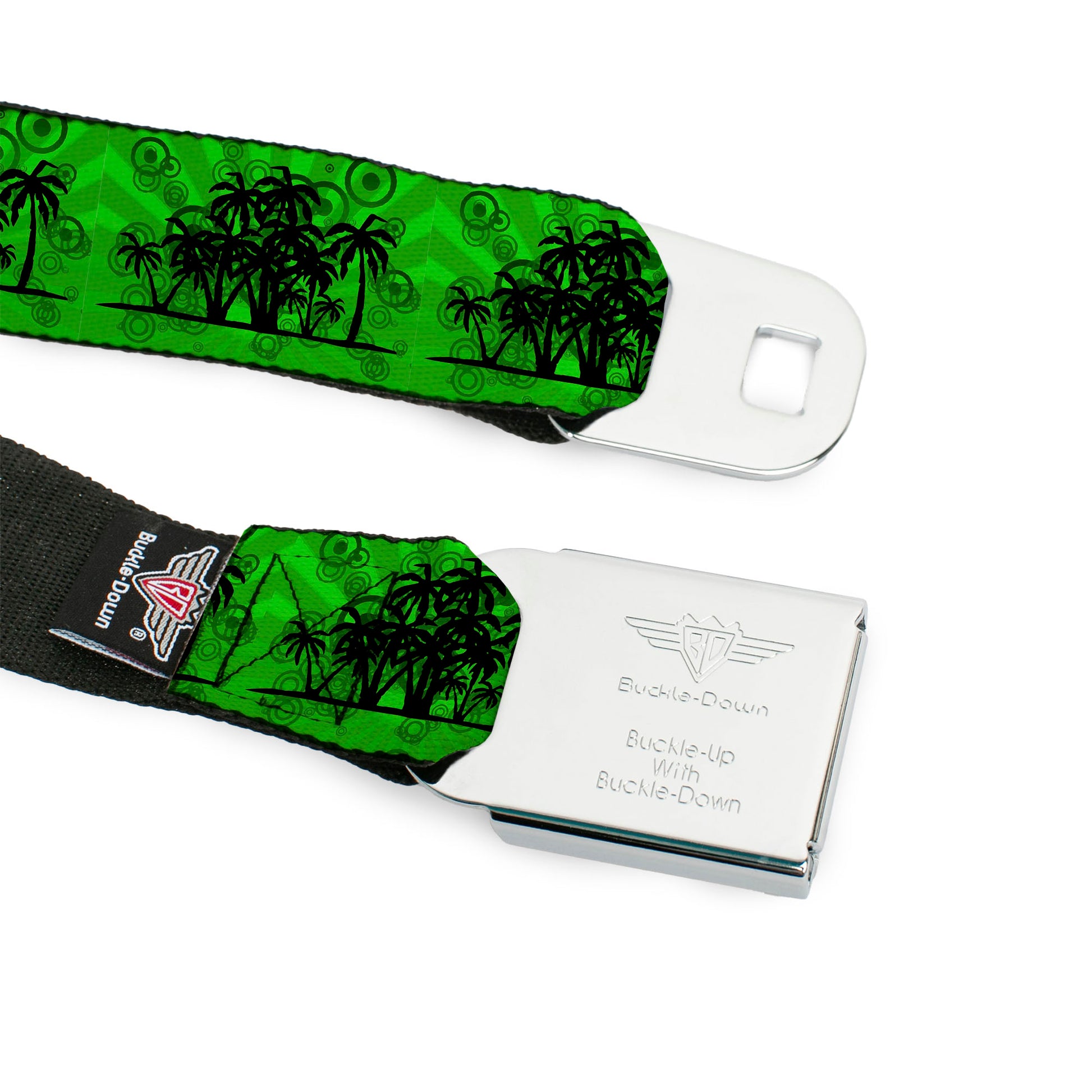 BD Wings Logo CLOSE-UP Full Color Black Silver Seatbelt Belt - Palm Trees/Rings Greens/Blacks Webbing Seatbelt Belts Buckle-Down