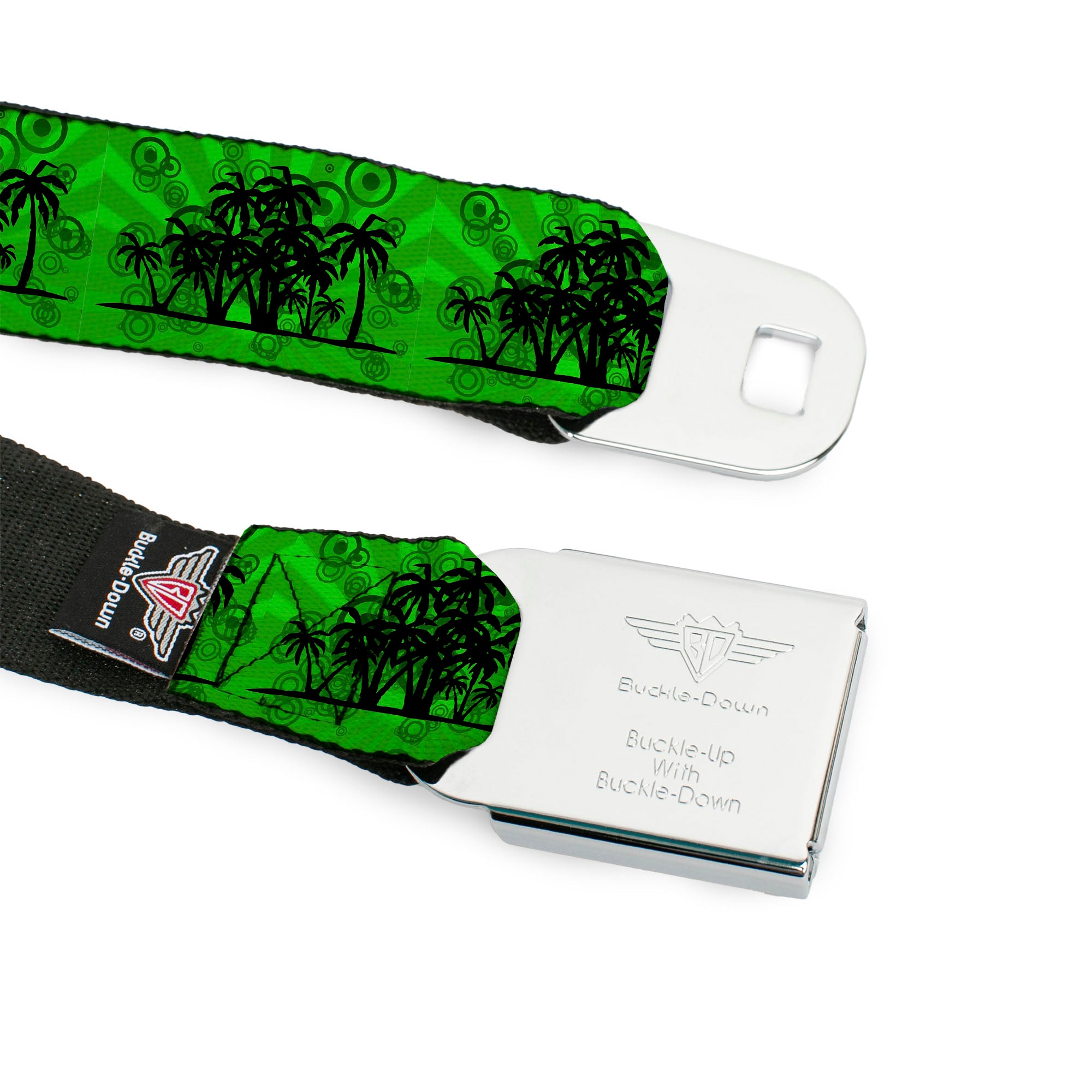 BD Wings Logo CLOSE-UP Full Color Black Silver Seatbelt Belt - Palm Trees/Rings Greens/Blacks Webbing Seatbelt Belts Buckle-Down