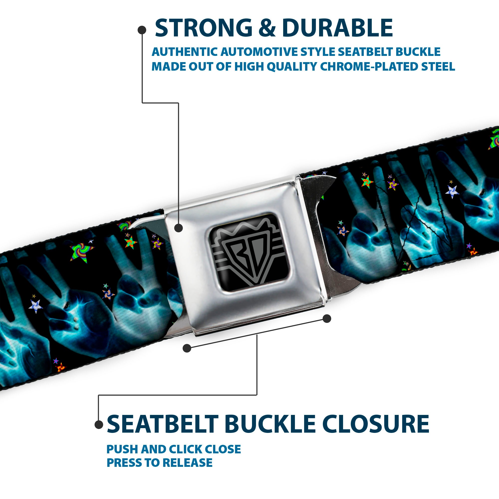 BD Wings Logo CLOSE-UP Full Color Black Silver Seatbelt Belt - Peace & Starz Webbing Seatbelt Belts Buckle-Down