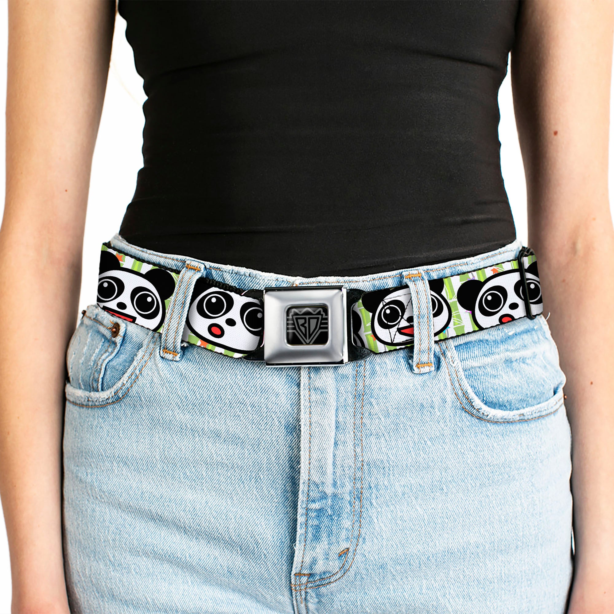 BD Wings Logo CLOSE-UP Full Color Black Silver Seatbelt Belt - Panda Bear Cartoon Bamboo Webbing Seatbelt Belts Buckle-Down