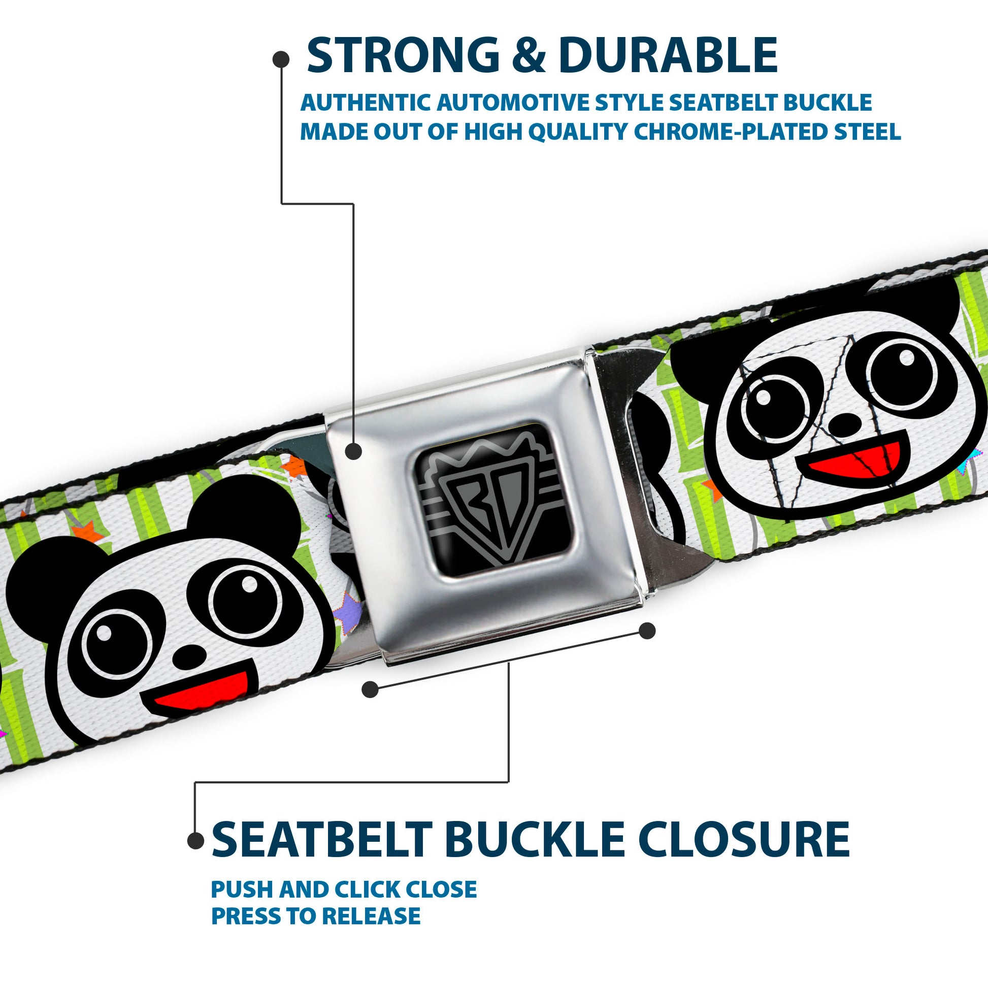 BD Wings Logo CLOSE-UP Full Color Black Silver Seatbelt Belt - Panda Bear Cartoon Bamboo Webbing Seatbelt Belts Buckle-Down