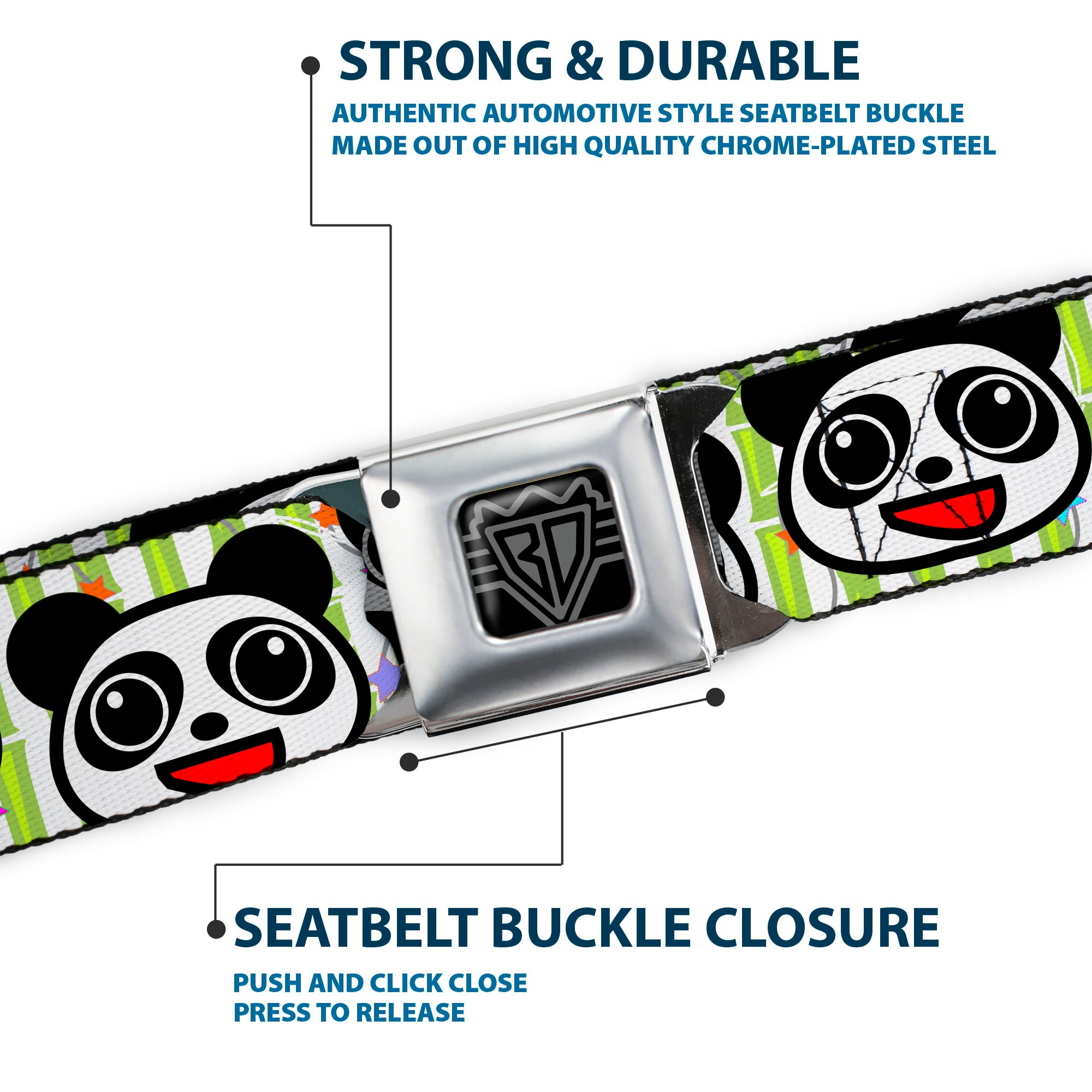 BD Wings Logo CLOSE-UP Full Color Black Silver Seatbelt Belt - Panda Bear Cartoon Bamboo Webbing Seatbelt Belts Buckle-Down
