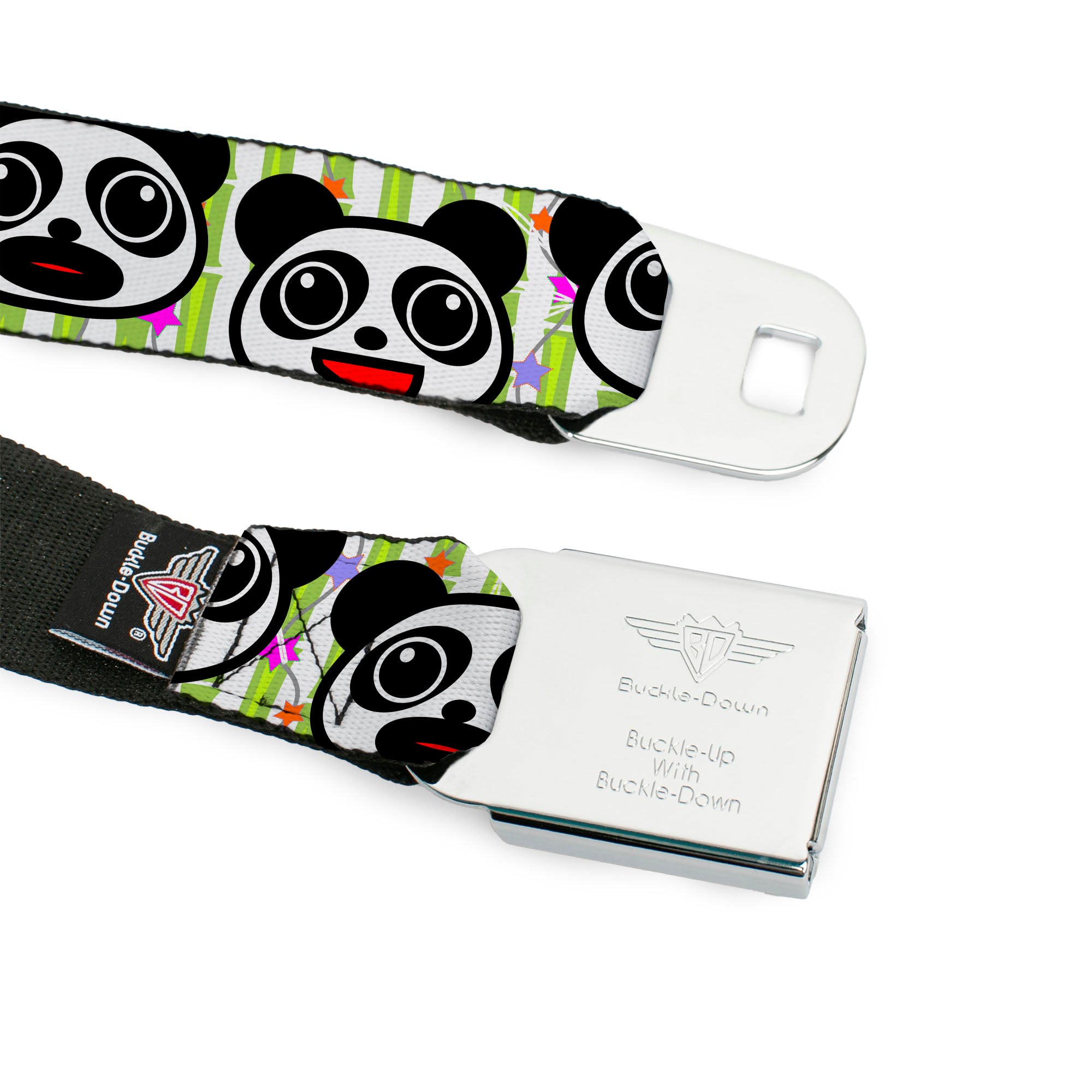 BD Wings Logo CLOSE-UP Full Color Black Silver Seatbelt Belt - Panda Bear Cartoon Bamboo Webbing Seatbelt Belts Buckle-Down