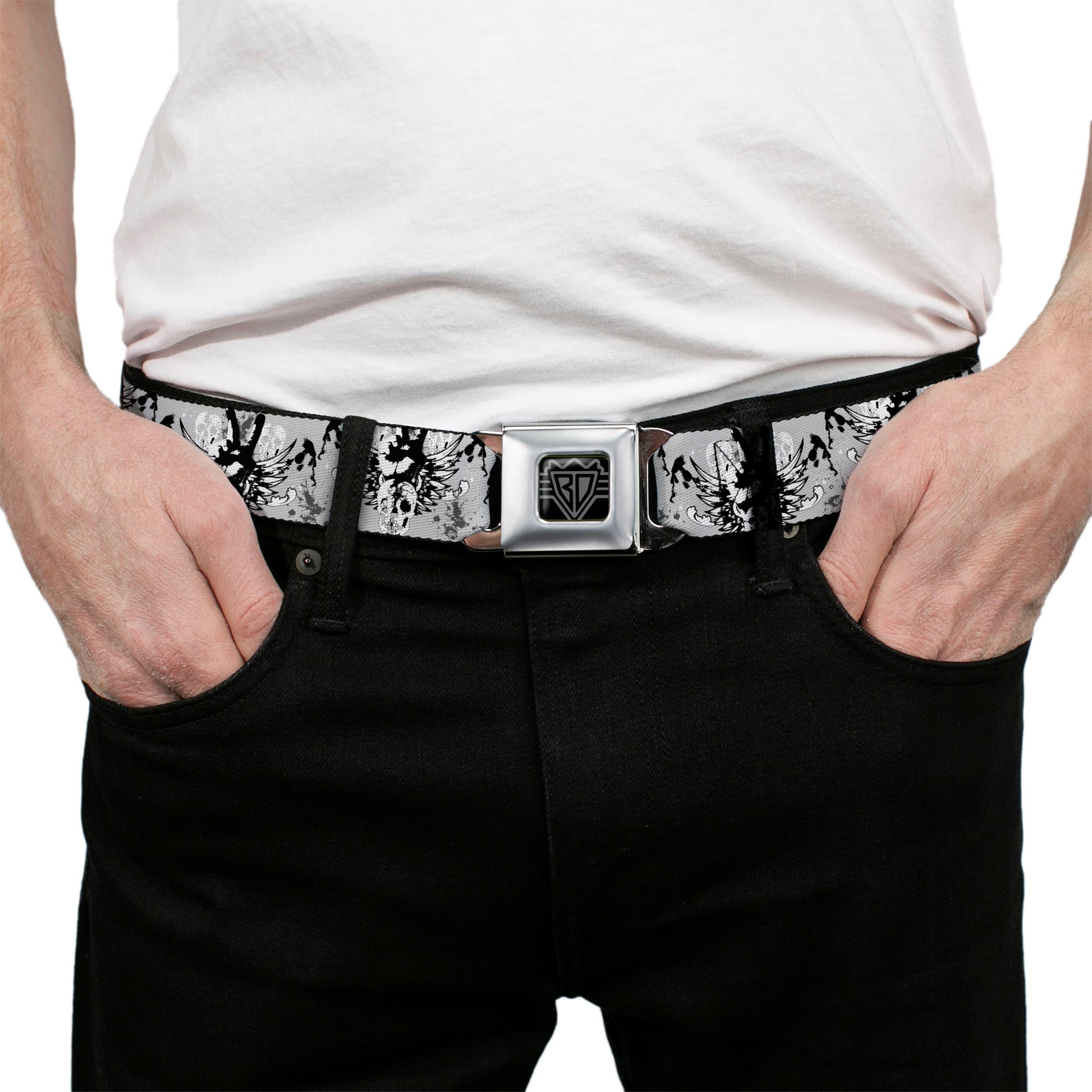 BD Wings Logo CLOSE-UP Full Color Black Silver Seatbelt Belt - Peace w/Wings Gray Webbing Seatbelt Belts Buckle-Down