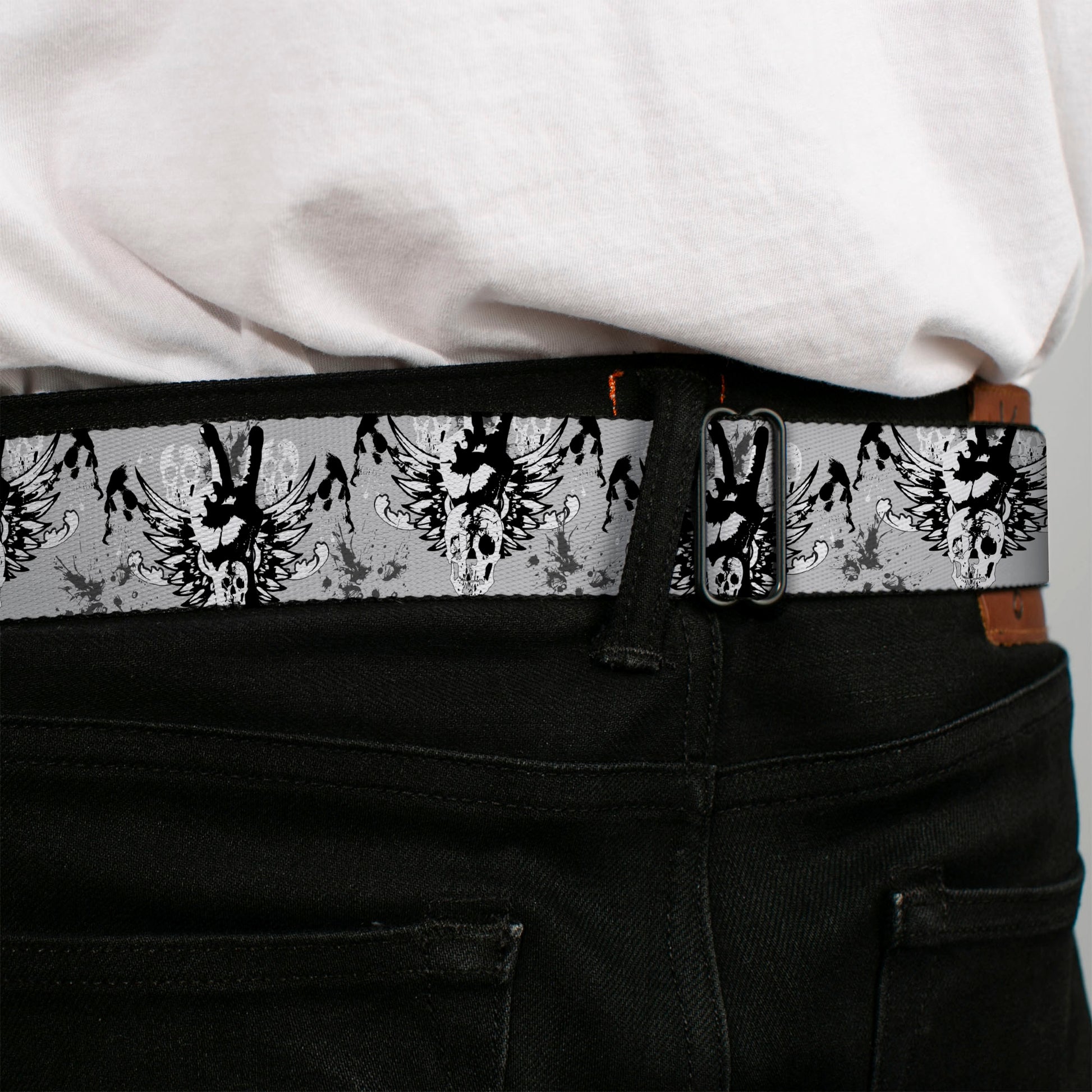 BD Wings Logo CLOSE-UP Full Color Black Silver Seatbelt Belt - Peace w/Wings Gray Webbing Seatbelt Belts Buckle-Down