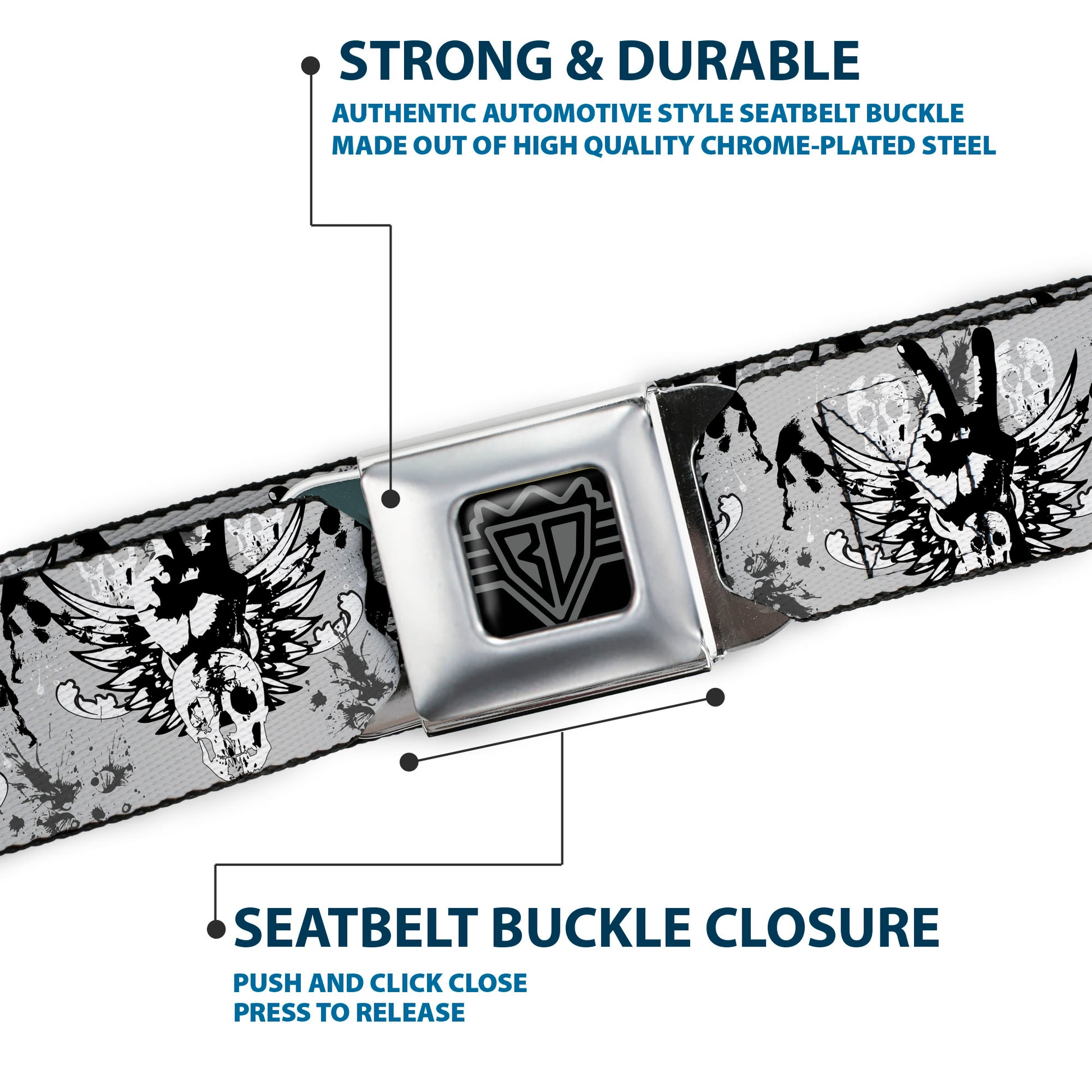 BD Wings Logo CLOSE-UP Full Color Black Silver Seatbelt Belt - Peace w/Wings Gray Webbing Seatbelt Belts Buckle-Down