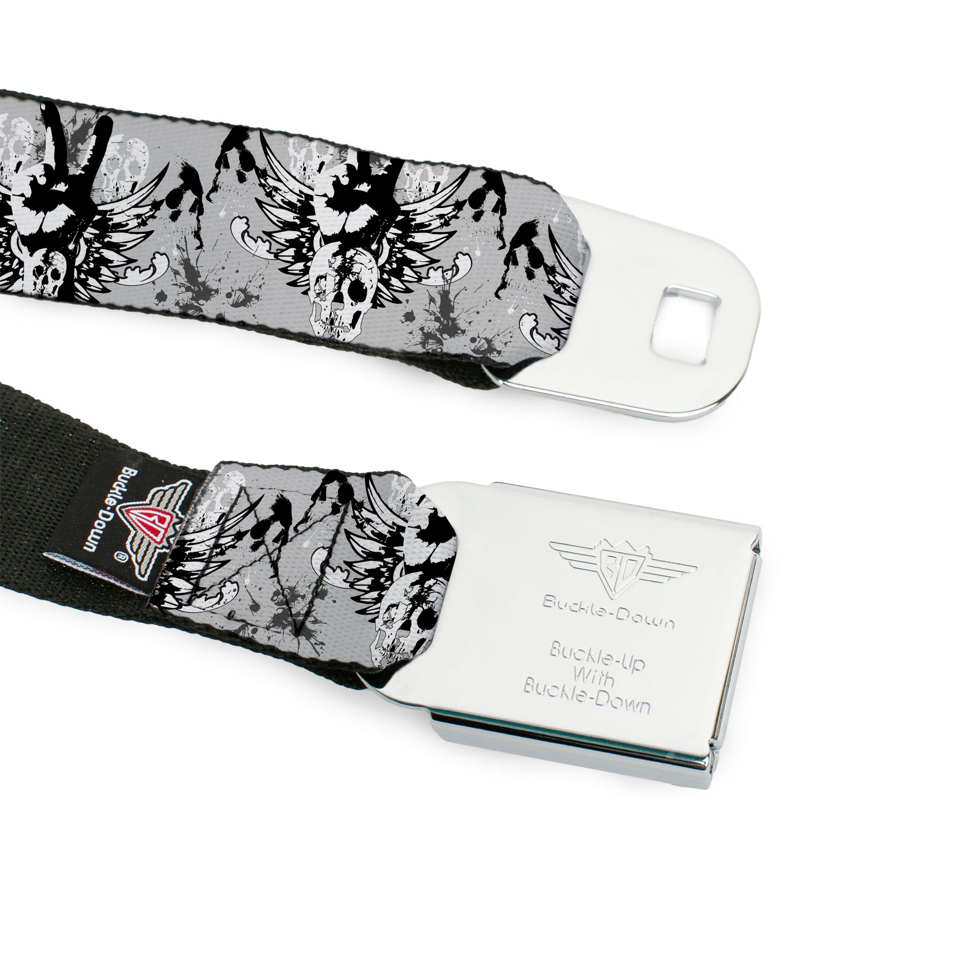 BD Wings Logo CLOSE-UP Full Color Black Silver Seatbelt Belt - Peace w/Wings Gray Webbing Seatbelt Belts Buckle-Down