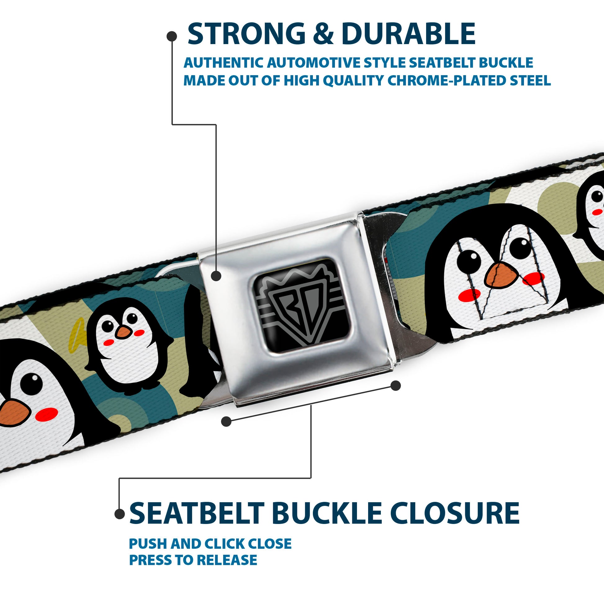 BD Wings Logo CLOSE-UP Full Color Black Silver Seatbelt Belt - Penguin Cartoon Webbing Seatbelt Belts Buckle-Down