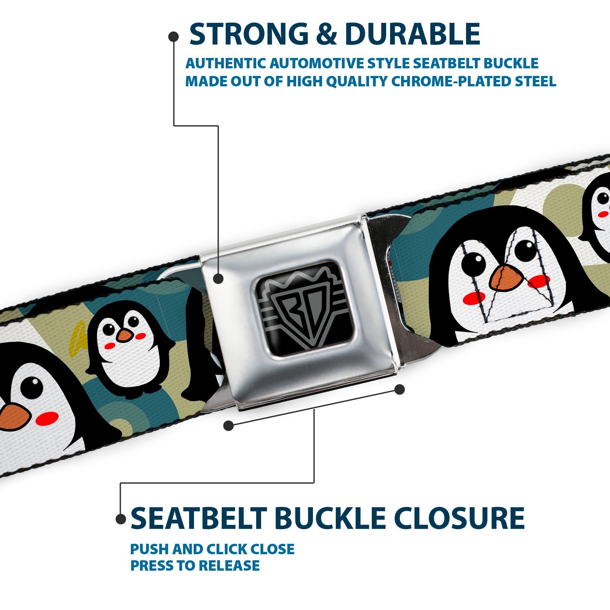 BD Wings Logo CLOSE-UP Full Color Black Silver Seatbelt Belt - Penguin Cartoon Webbing Seatbelt Belts Buckle-Down