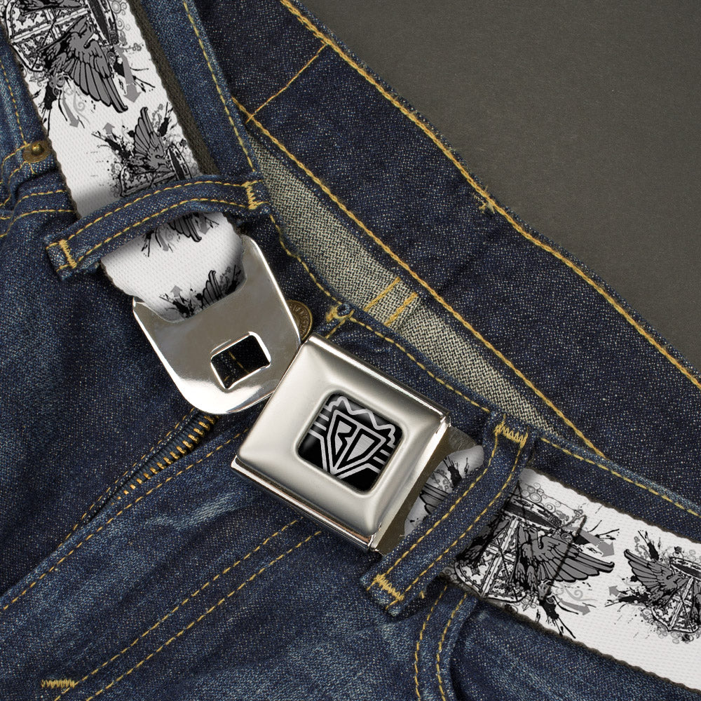 BD Wings Logo CLOSE-UP Full Color Black Silver Seatbelt Belt - Phoenix Shield White Webbing Seatbelt Belts Buckle-Down
