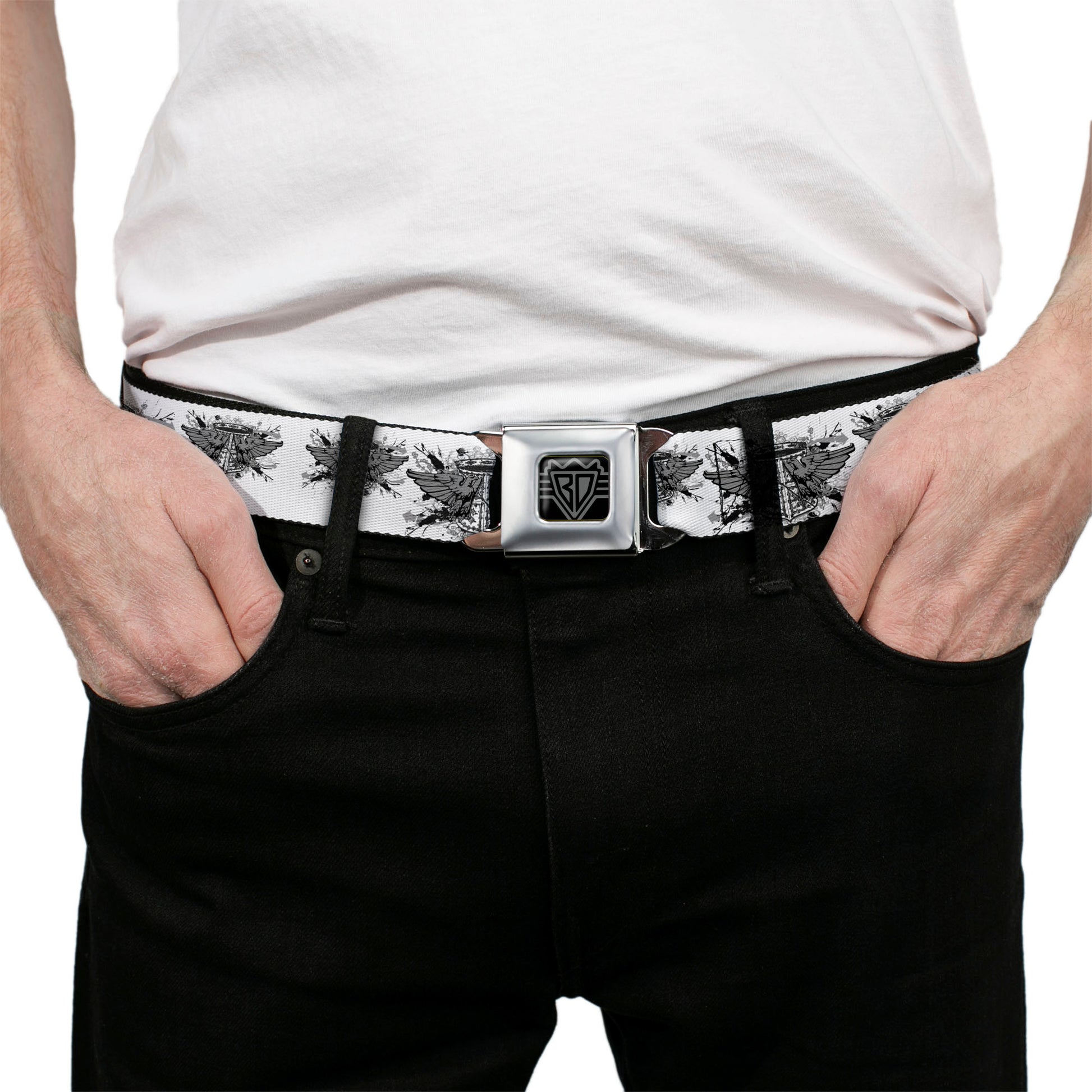 BD Wings Logo CLOSE-UP Full Color Black Silver Seatbelt Belt - Phoenix Shield White Webbing Seatbelt Belts Buckle-Down