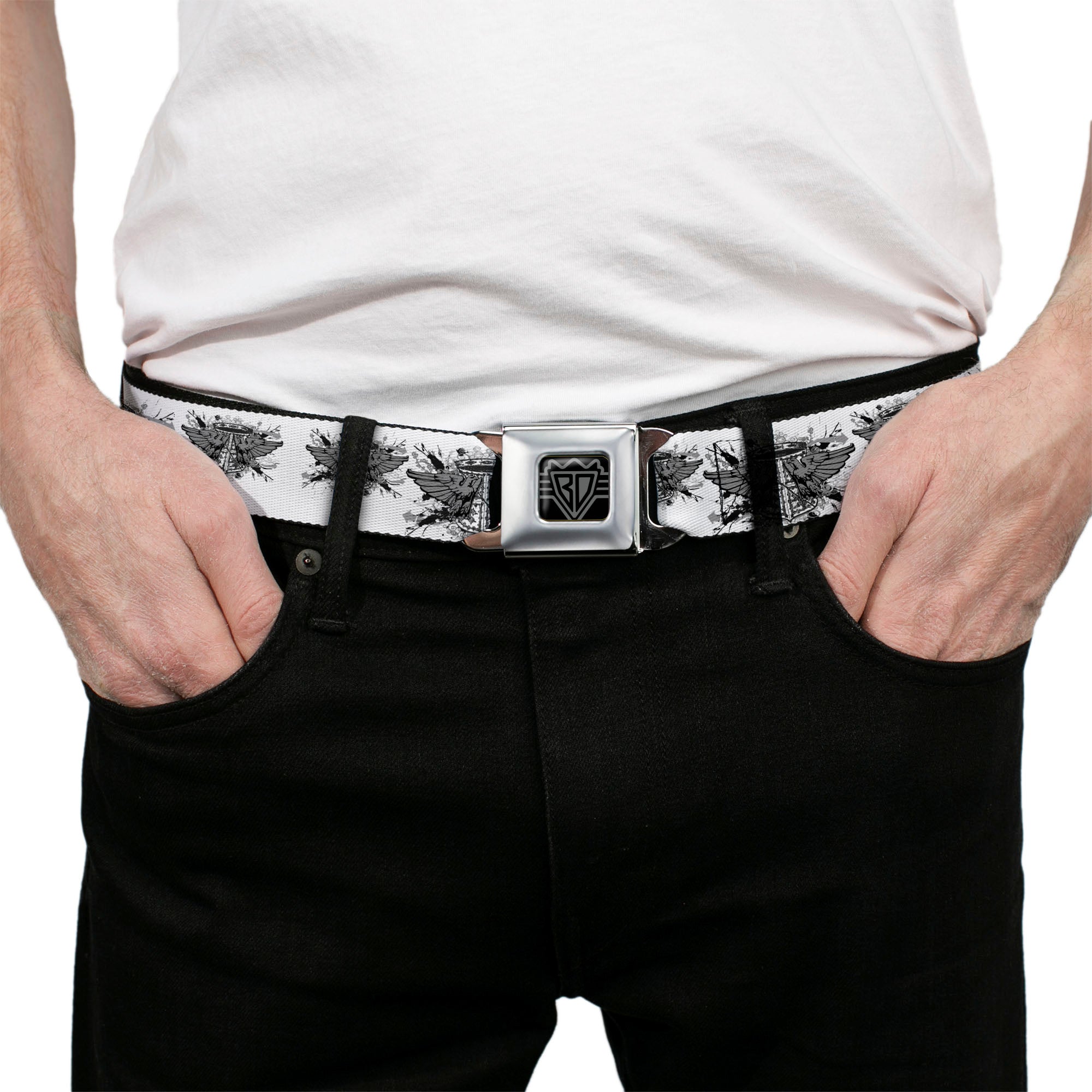 BD Wings Logo CLOSE-UP Full Color Black Silver Seatbelt Belt - Phoenix Shield White Webbing Seatbelt Belts Buckle-Down