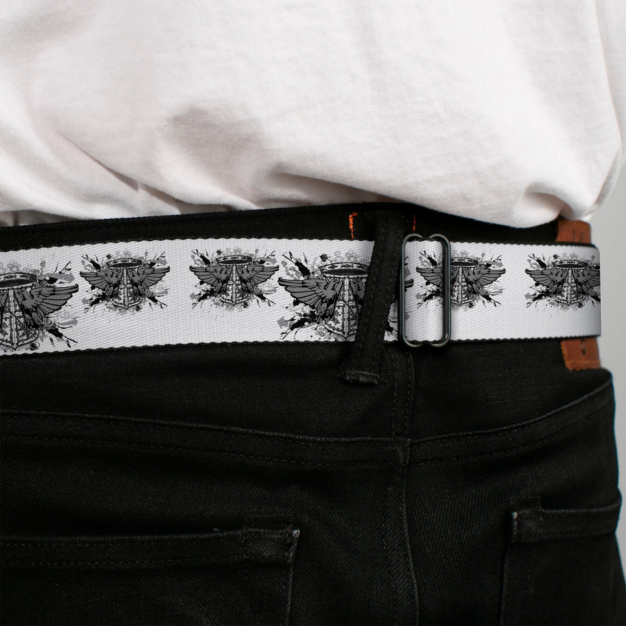 BD Wings Logo CLOSE-UP Full Color Black Silver Seatbelt Belt - Phoenix Shield White Webbing Seatbelt Belts Buckle-Down