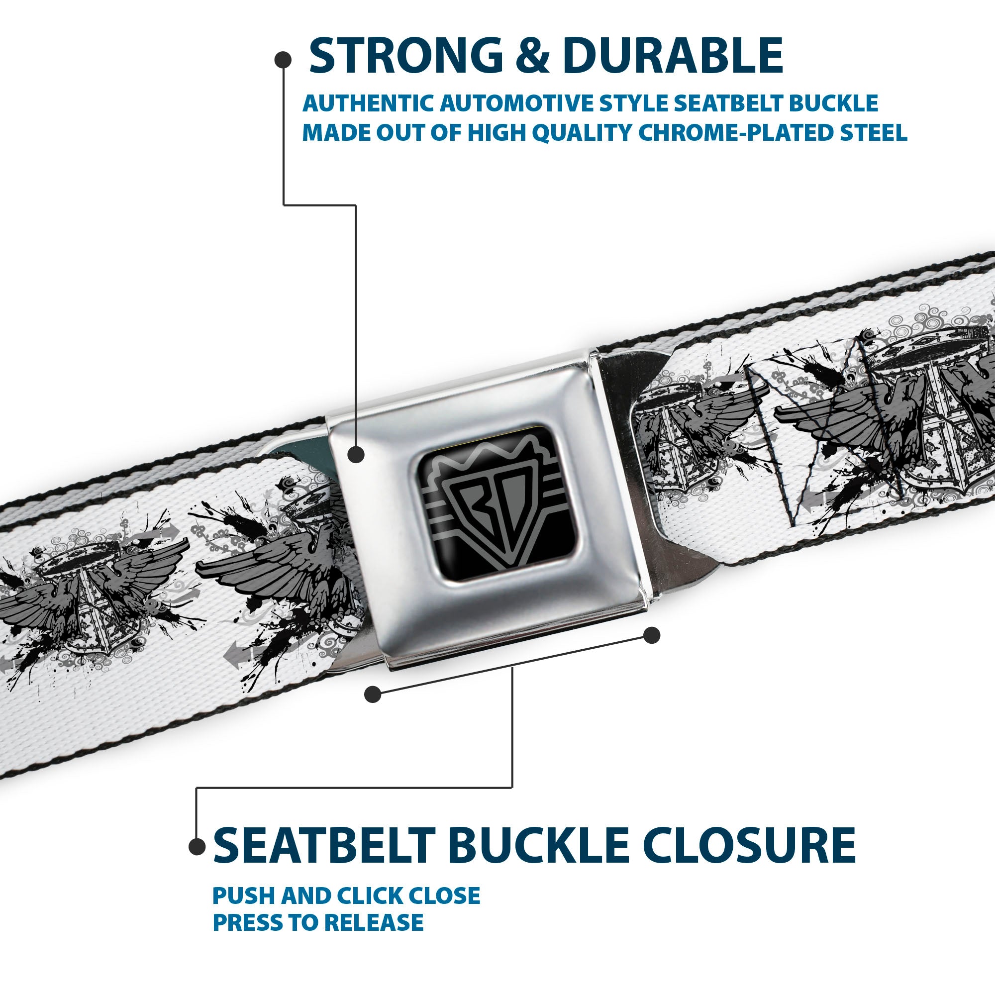 BD Wings Logo CLOSE-UP Full Color Black Silver Seatbelt Belt - Phoenix Shield White Webbing Seatbelt Belts Buckle-Down