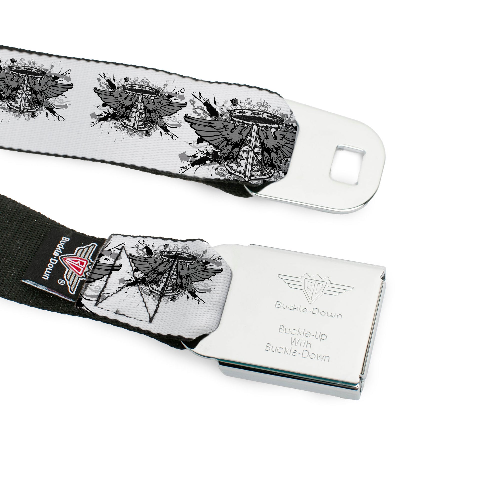 BD Wings Logo CLOSE-UP Full Color Black Silver Seatbelt Belt - Phoenix Shield White Webbing Seatbelt Belts Buckle-Down