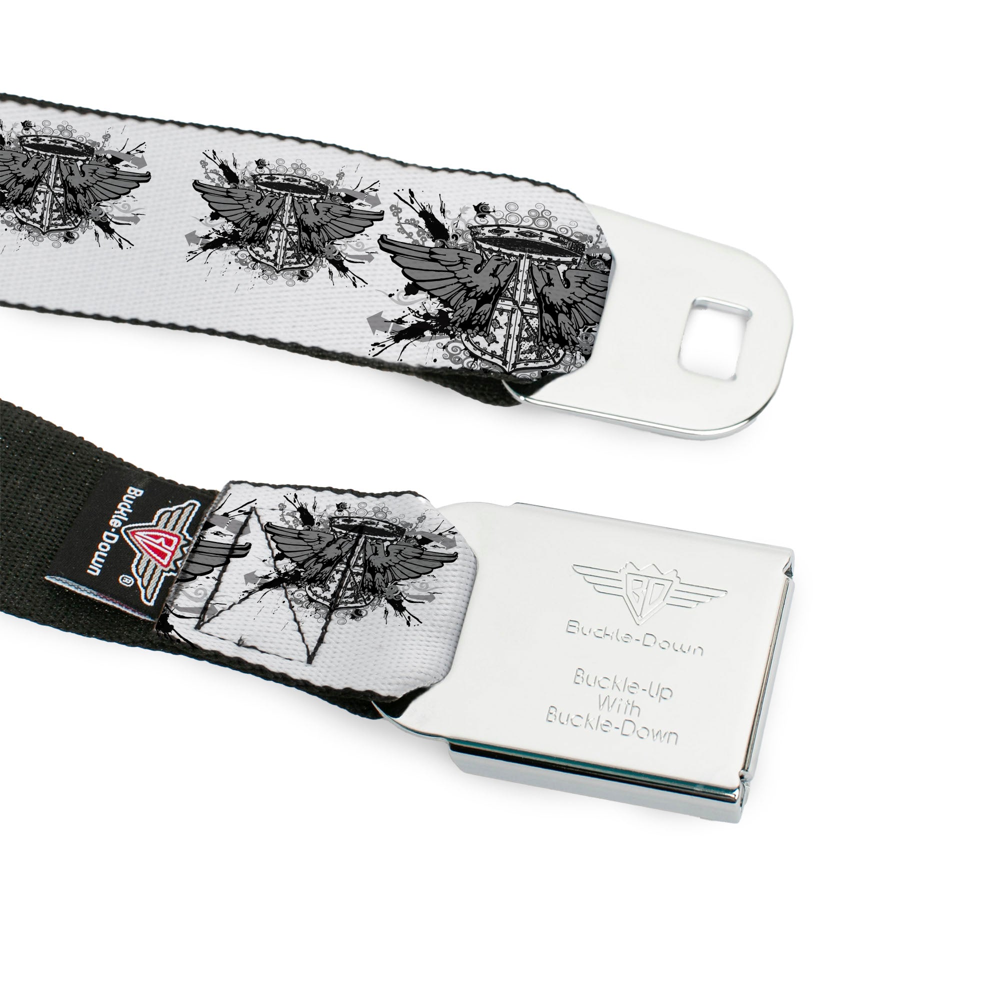 BD Wings Logo CLOSE-UP Full Color Black Silver Seatbelt Belt - Phoenix Shield White Webbing Seatbelt Belts Buckle-Down