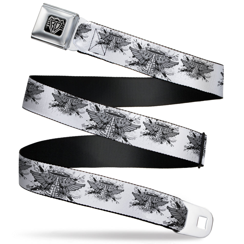 BD Wings Logo CLOSE-UP Full Color Black Silver Seatbelt Belt - Phoenix Shield White Webbing Seatbelt Belts Buckle-Down