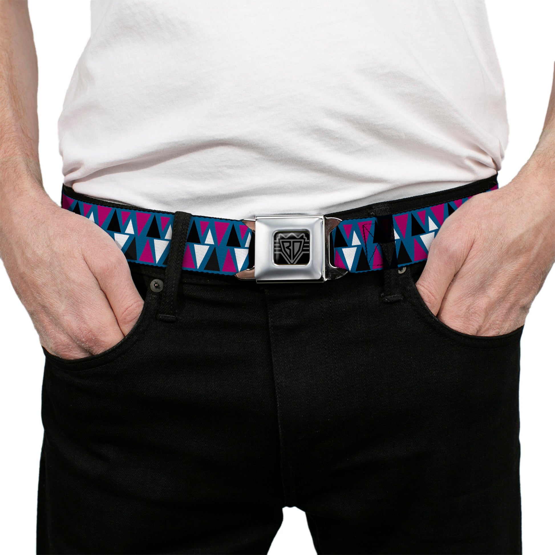 BD Wings Logo CLOSE-UP Full Color Black Silver Seatbelt Belt - Peaks Turquoise/Fuchsia/Black/White Webbing Seatbelt Belts Buckle-Down
