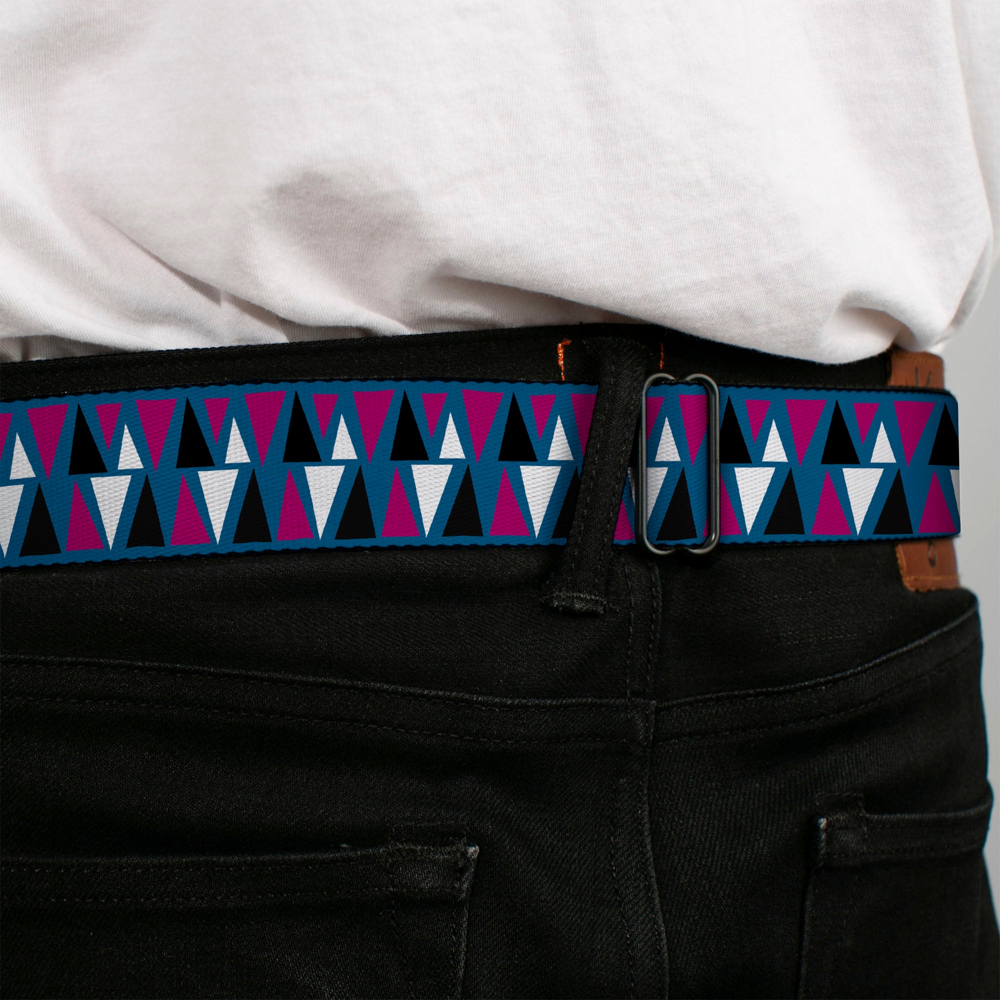 BD Wings Logo CLOSE-UP Full Color Black Silver Seatbelt Belt - Peaks Turquoise/Fuchsia/Black/White Webbing Seatbelt Belts Buckle-Down