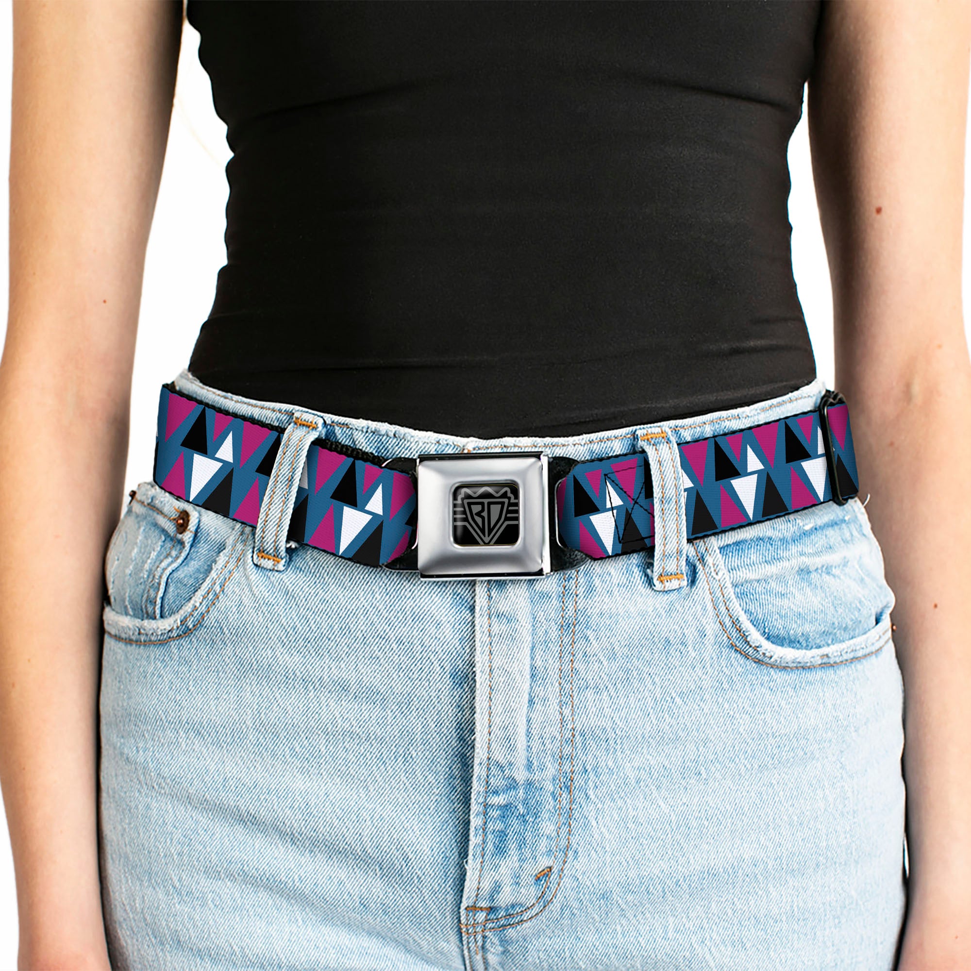 BD Wings Logo CLOSE-UP Full Color Black Silver Seatbelt Belt - Peaks Turquoise/Fuchsia/Black/White Webbing Seatbelt Belts Buckle-Down