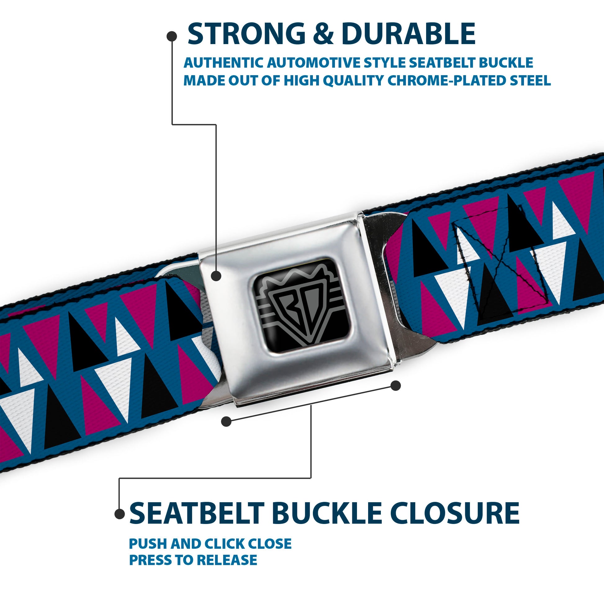 BD Wings Logo CLOSE-UP Full Color Black Silver Seatbelt Belt - Peaks Turquoise/Fuchsia/Black/White Webbing Seatbelt Belts Buckle-Down