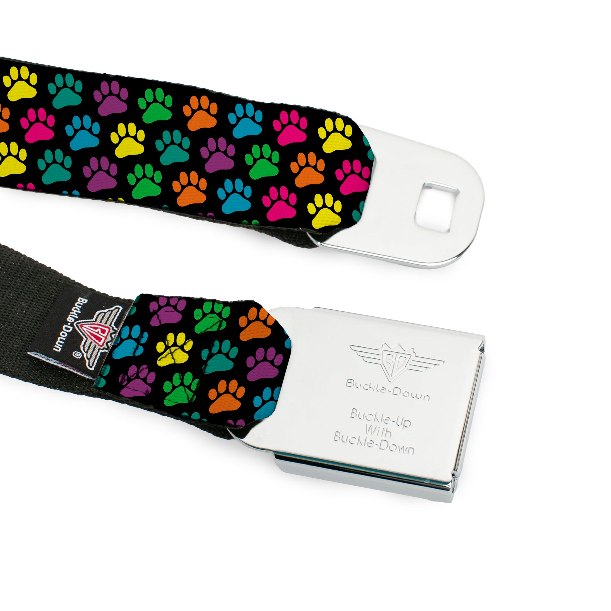 BD Wings Logo CLOSE-UP Full Color Black Silver Seatbelt Belt - Paw Print Black/Multi Color Webbing Seatbelt Belts Buckle-Down