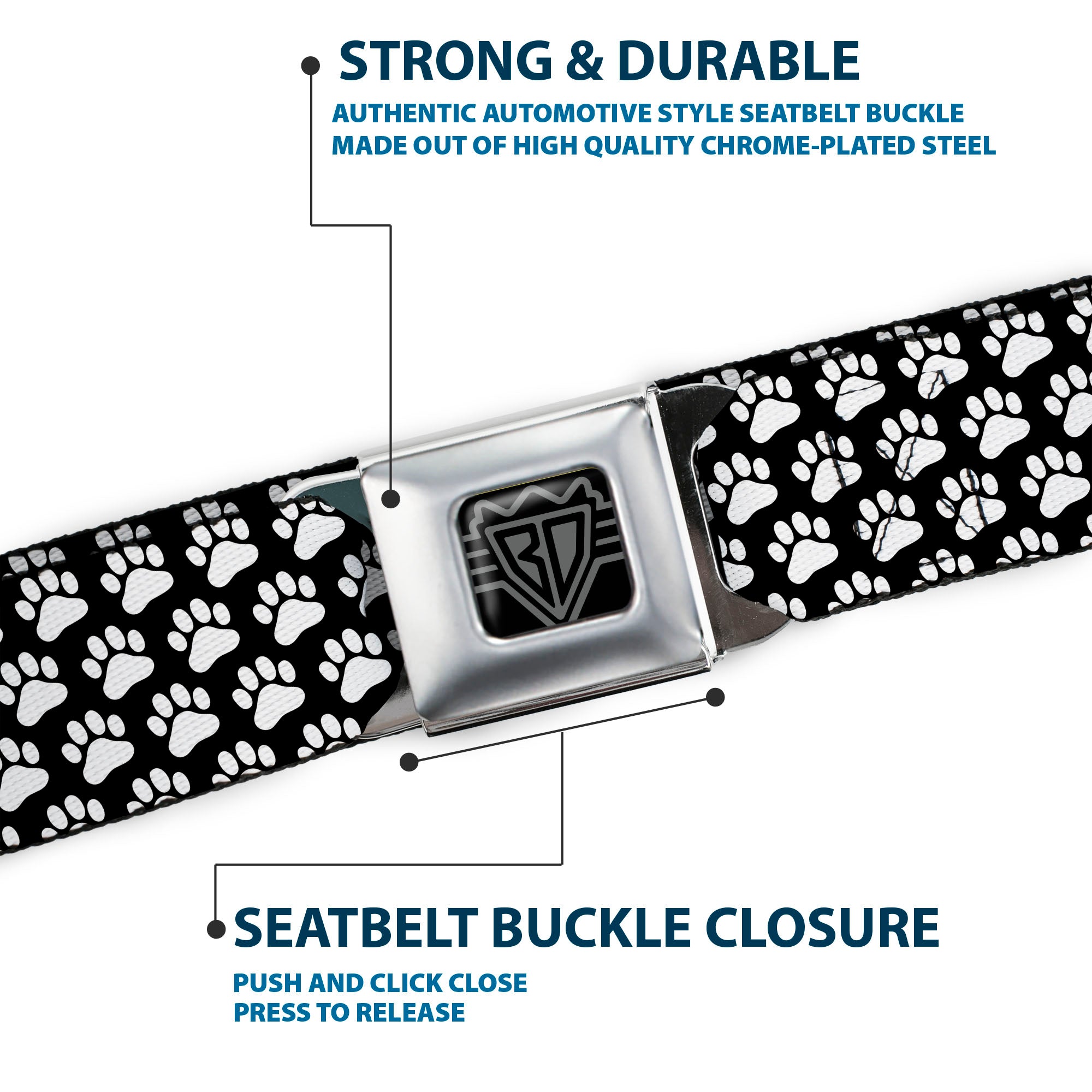 BD Wings Logo CLOSE-UP Full Color Black Silver Seatbelt Belt - Paw Print Black/White Webbing Seatbelt Belts Buckle-Down