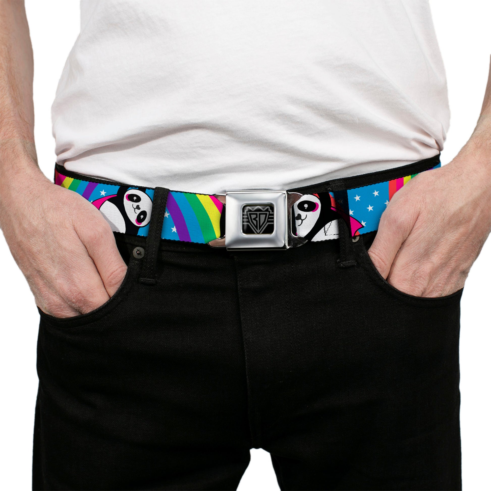BD Wings Logo CLOSE-UP Full Color Black Silver Seatbelt Belt - Pandas & Rainbows w/Stars Webbing Seatbelt Belts Buckle-Down