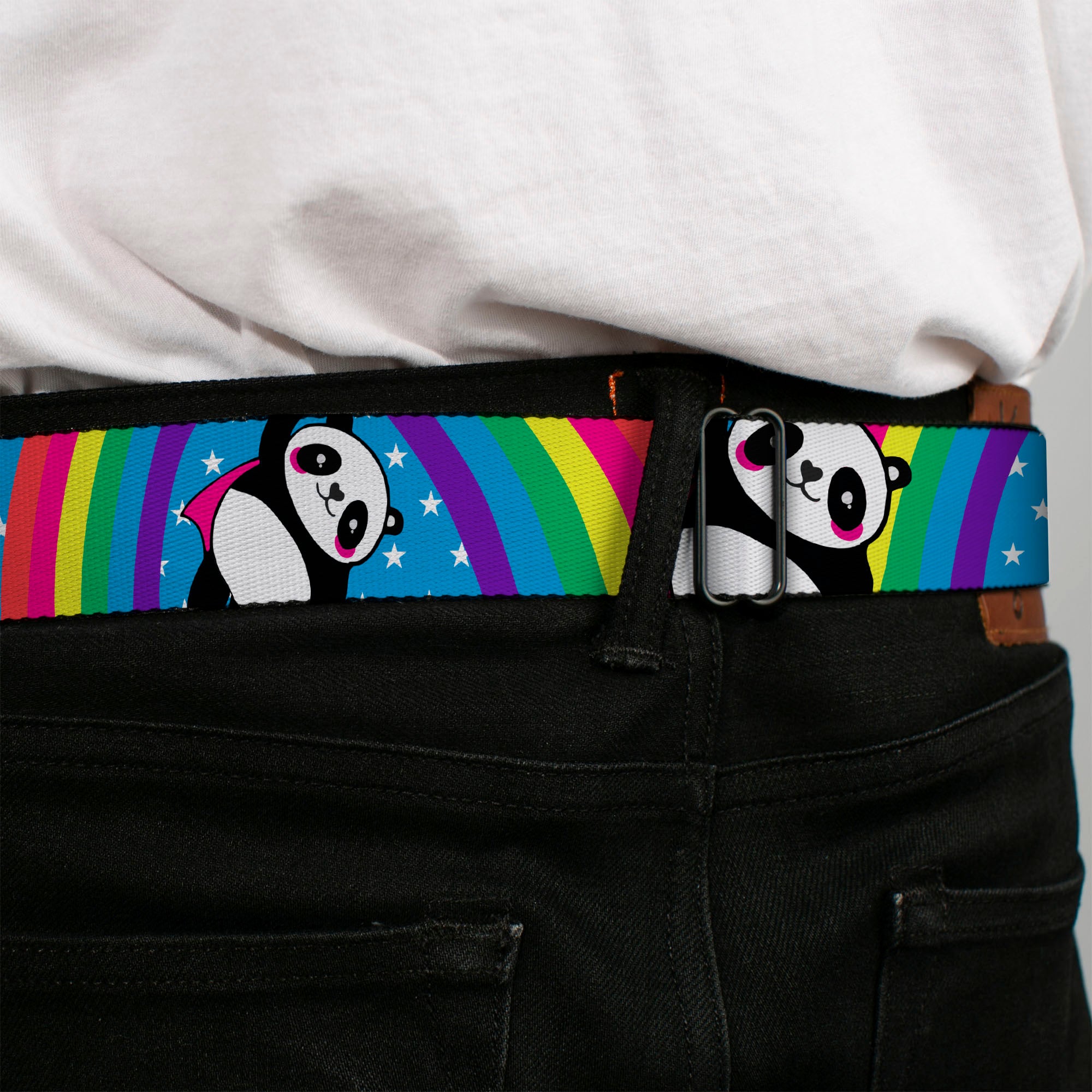 BD Wings Logo CLOSE-UP Full Color Black Silver Seatbelt Belt - Pandas & Rainbows w/Stars Webbing Seatbelt Belts Buckle-Down