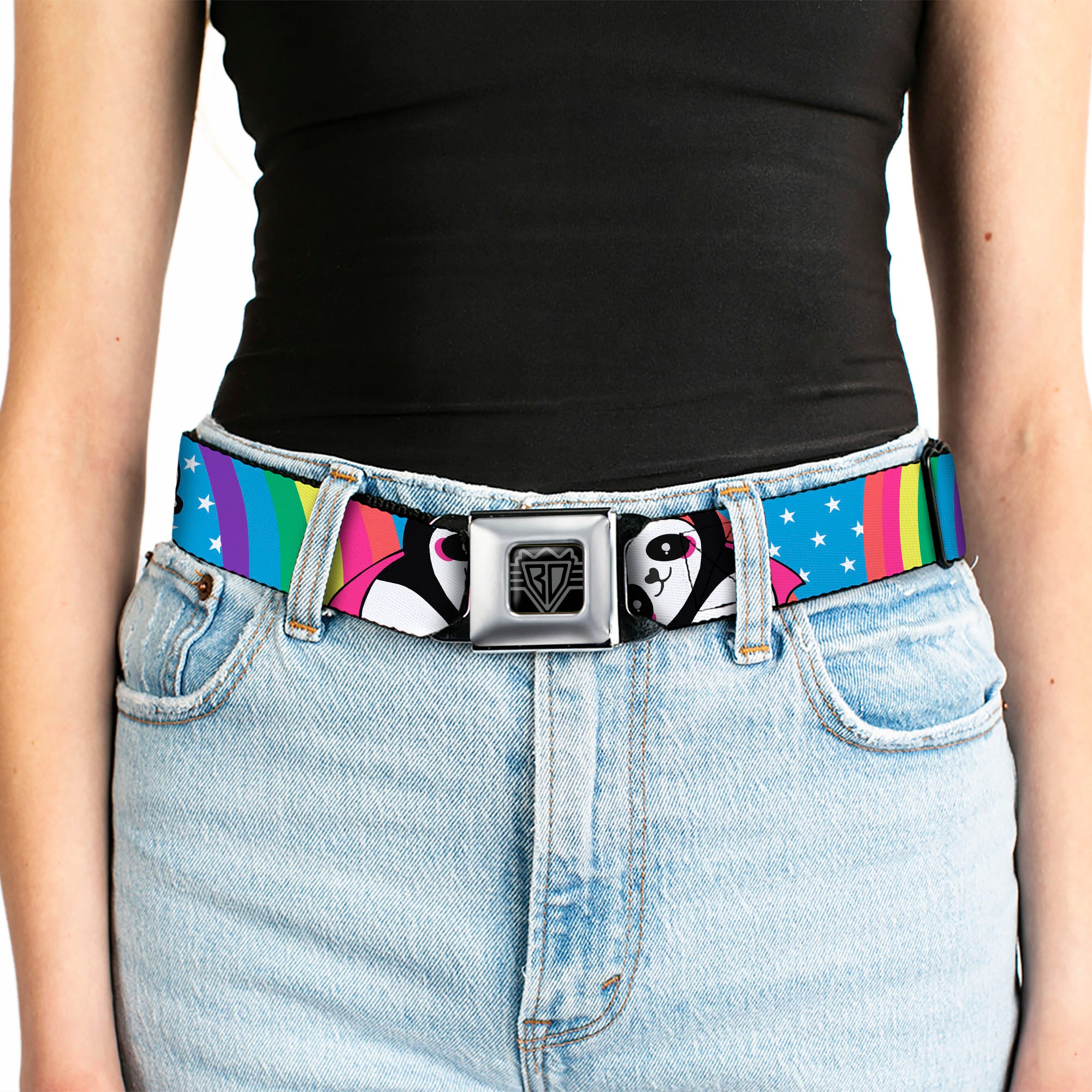 BD Wings Logo CLOSE-UP Full Color Black Silver Seatbelt Belt - Pandas & Rainbows w/Stars Webbing Seatbelt Belts Buckle-Down