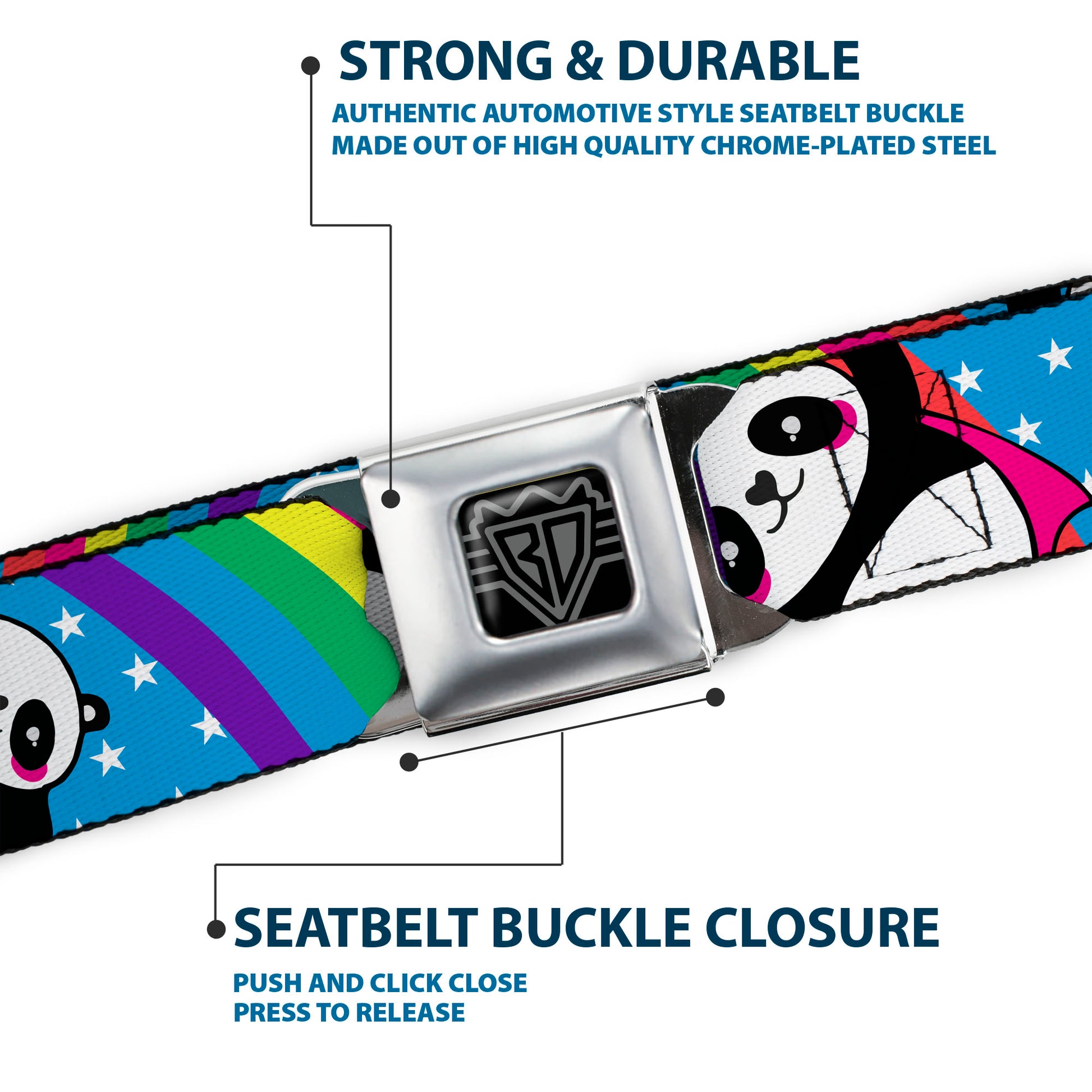 BD Wings Logo CLOSE-UP Full Color Black Silver Seatbelt Belt - Pandas & Rainbows w/Stars Webbing Seatbelt Belts Buckle-Down