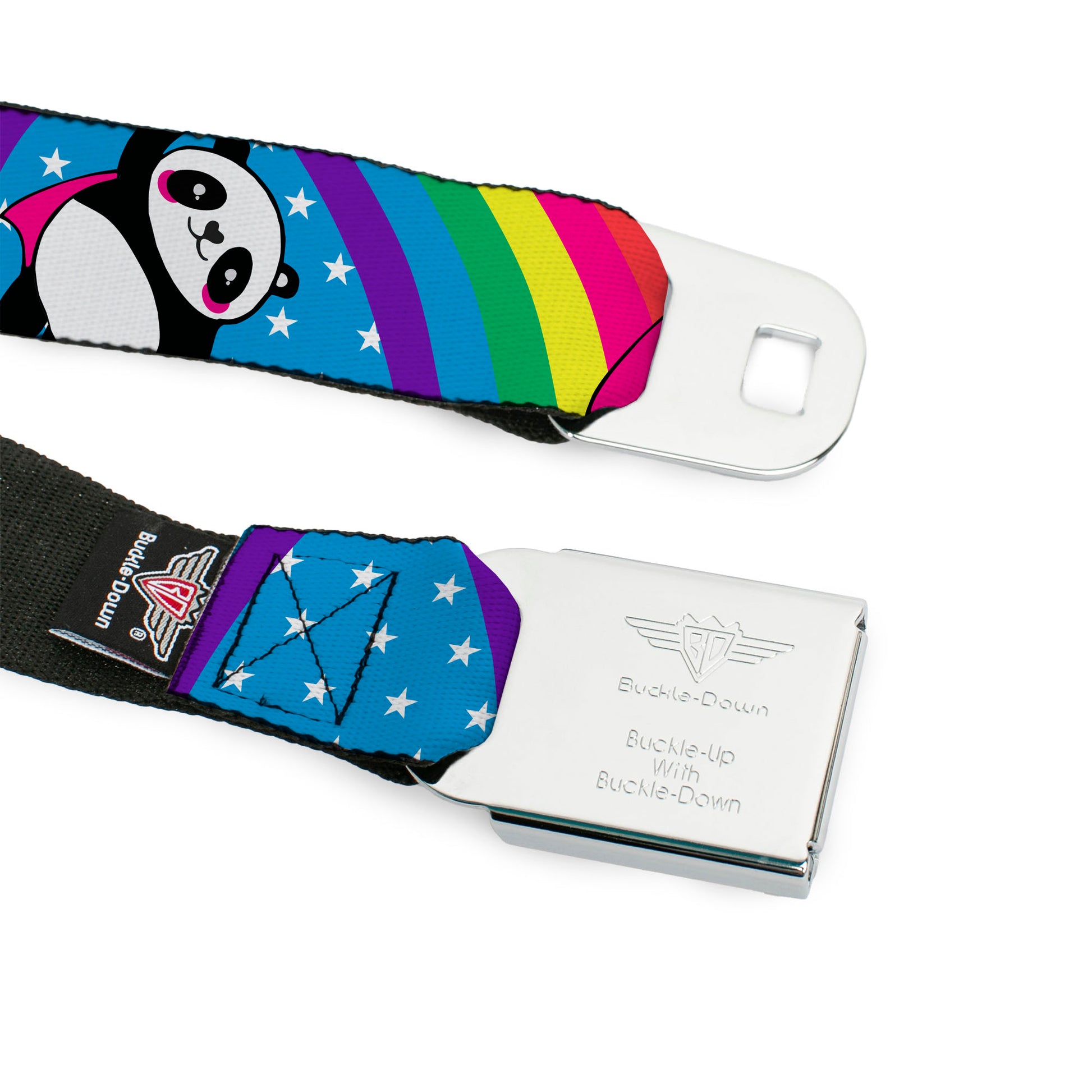 BD Wings Logo CLOSE-UP Full Color Black Silver Seatbelt Belt - Pandas & Rainbows w/Stars Webbing Seatbelt Belts Buckle-Down