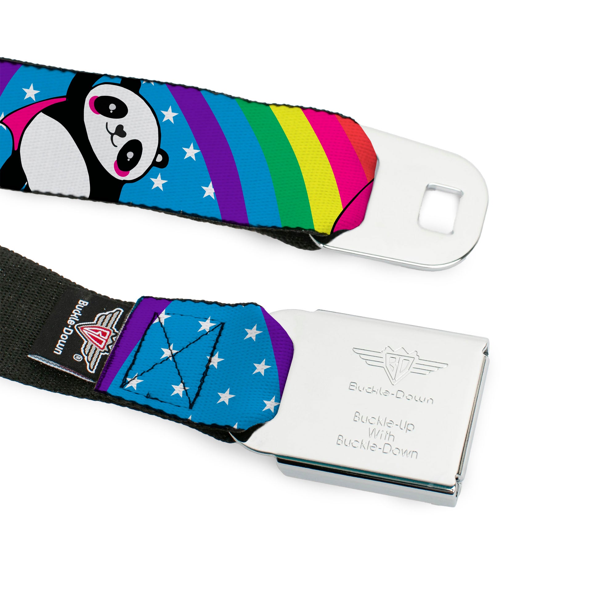 BD Wings Logo CLOSE-UP Full Color Black Silver Seatbelt Belt - Pandas & Rainbows w/Stars Webbing Seatbelt Belts Buckle-Down