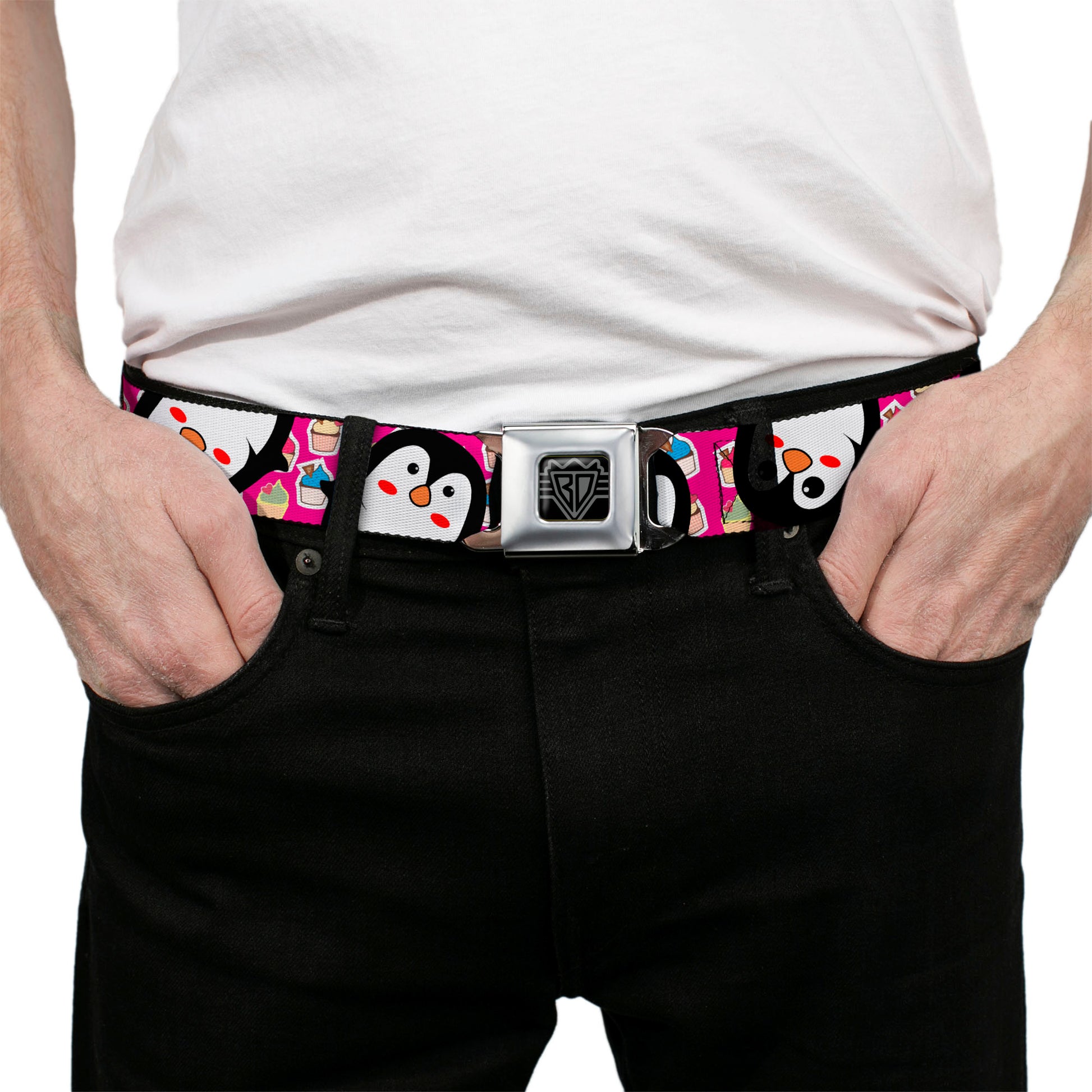 BD Wings Logo CLOSE-UP Black/Silver Seatbelt Belt - Penguins w/Cupcakes Fuchsia/Purple/White Webbing Seatbelt Belts Buckle-Down