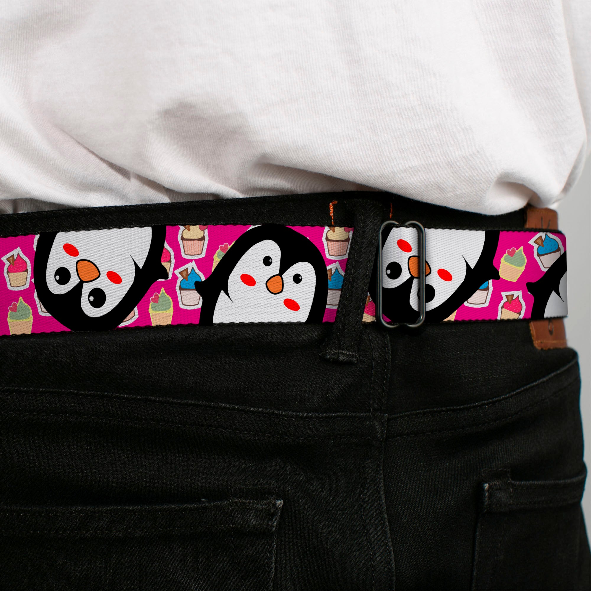BD Wings Logo CLOSE-UP Black/Silver Seatbelt Belt - Penguins w/Cupcakes Fuchsia/Purple/White Webbing Seatbelt Belts Buckle-Down