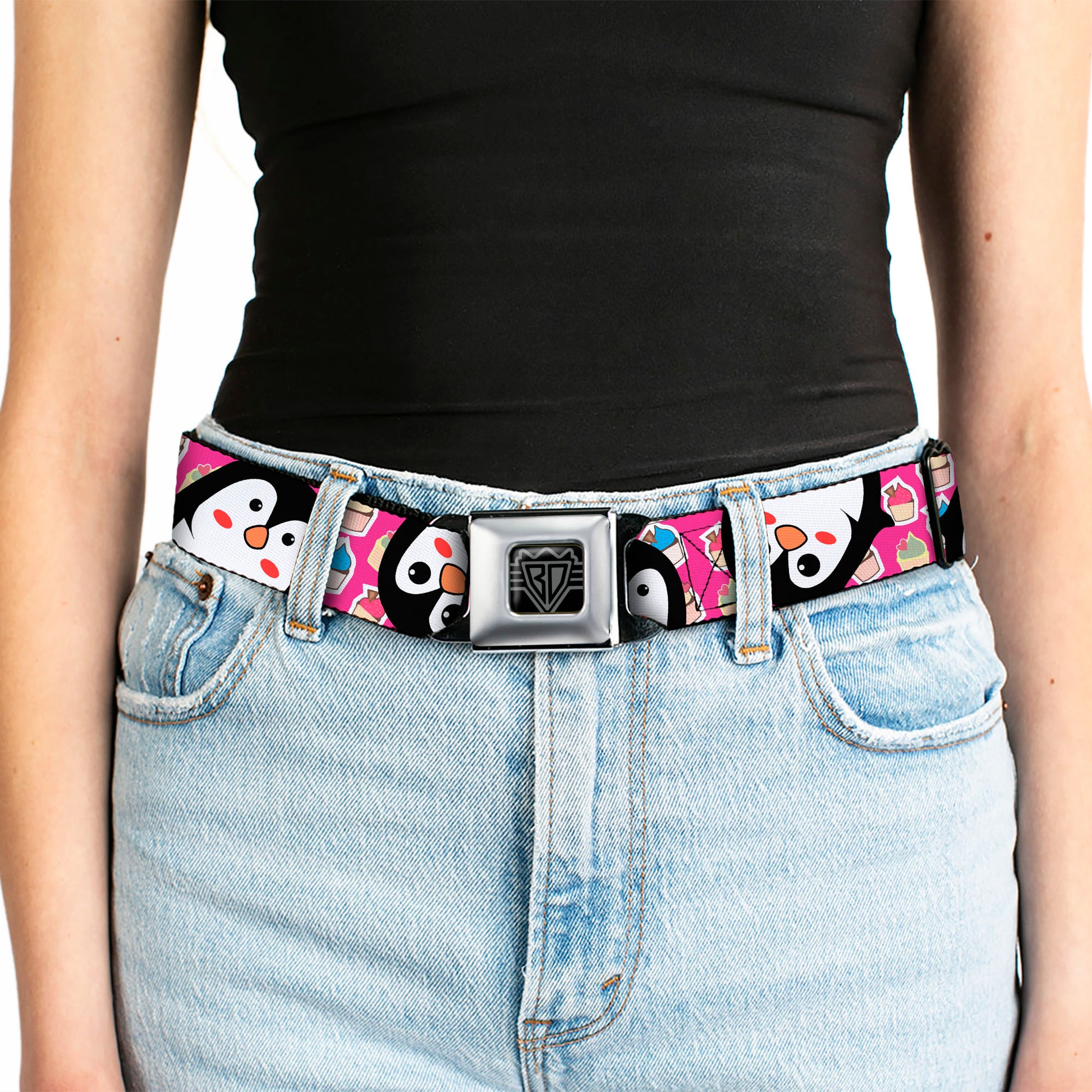 BD Wings Logo CLOSE-UP Black/Silver Seatbelt Belt - Penguins w/Cupcakes Fuchsia/Purple/White Webbing Seatbelt Belts Buckle-Down
