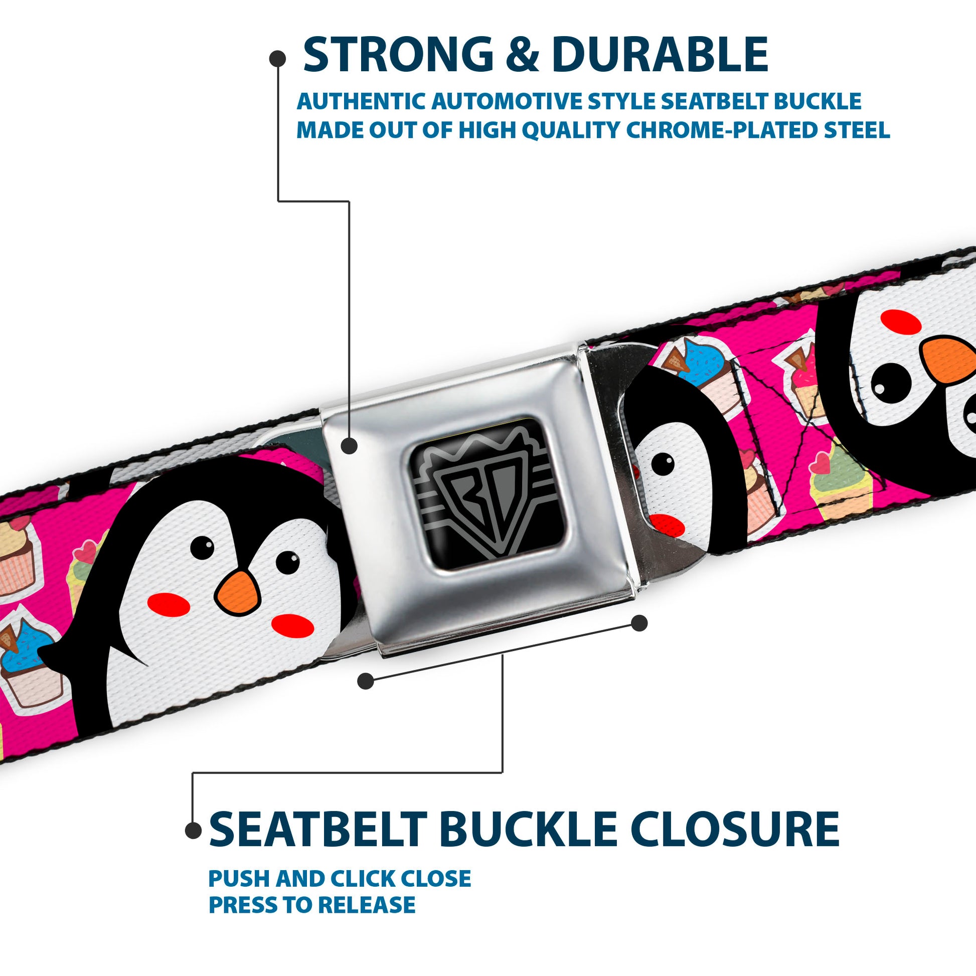 BD Wings Logo CLOSE-UP Black/Silver Seatbelt Belt - Penguins w/Cupcakes Fuchsia/Purple/White Webbing Seatbelt Belts Buckle-Down